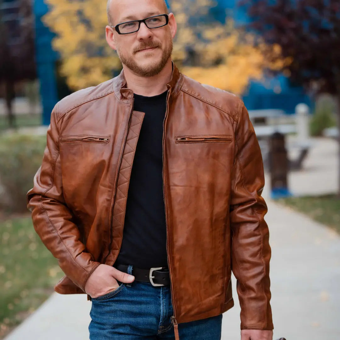 BOL Men's Racer Leather Jacket - Genuine Motorcycle Biker Jacket for Men, Stylish Slim Fit Black Leather Coat - Perfect for Riding, Casual Wear & Outdoor Adventures