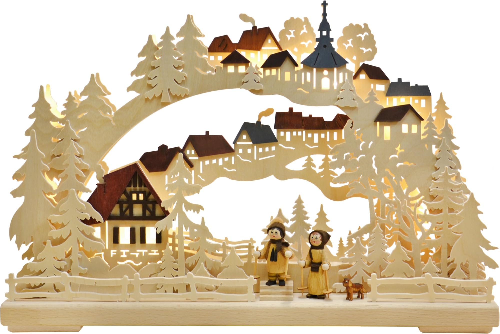Authentic German Erzgebirge 3D Candle Arch - Winter Hike Design - 43x30cm (17x12inch) - Handcrafted Wooden Christmas Decoration for Windowsills, Fireplace Mantels & Holiday Home Decor