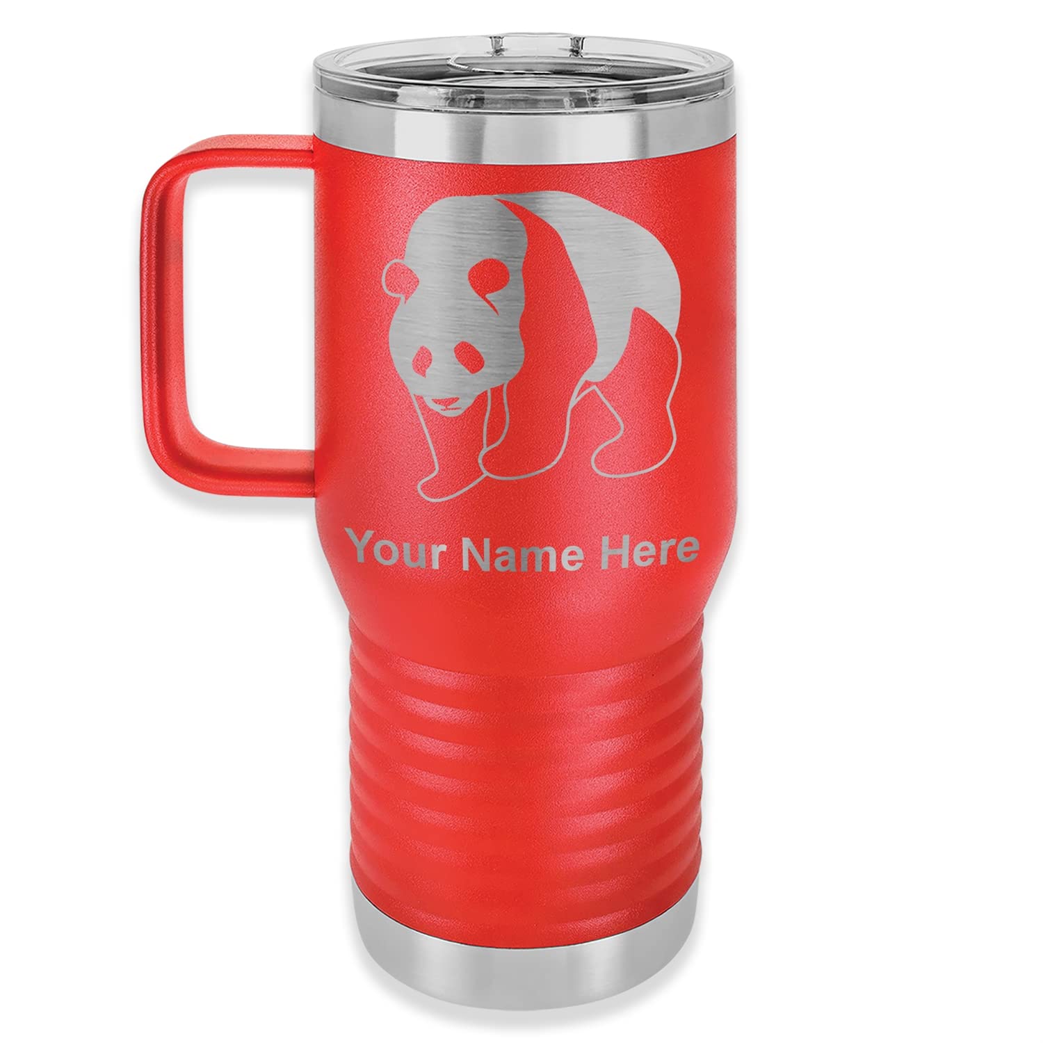 LaserGram 20oz Vacuum Insulated Stainless Steel Travel Mug with Handle - Cute Panda Bear Design, Personalized Engraving Included (Red) - Perfect for Coffee, Tea & Hot/Cold Drinks on The Go, Office, Commute & Outdoor Adventures