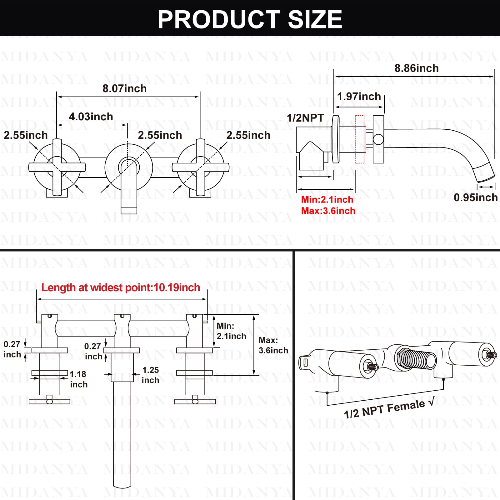 Midanya Matte Black Bathroom Sink Faucet - Double Handle Widespread Tap for Vanity
