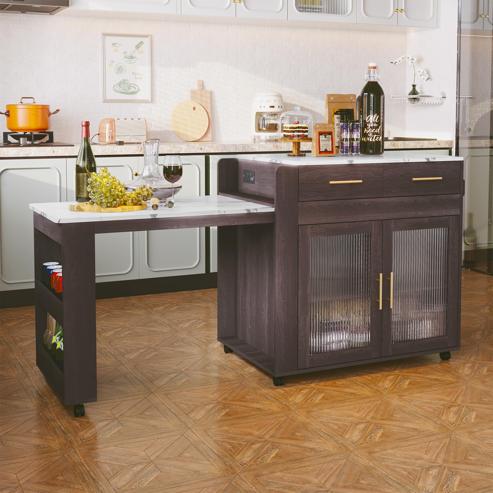 HLR Extendable Kitchen Island Cart with Wheels - Rolling Mobile Kitchen Island with Marble Grain Top, Power Outlet & Storage (2 Drawers + Cabinet) - Perfect for Small Kitchens, Apartments & Entertaining Guests