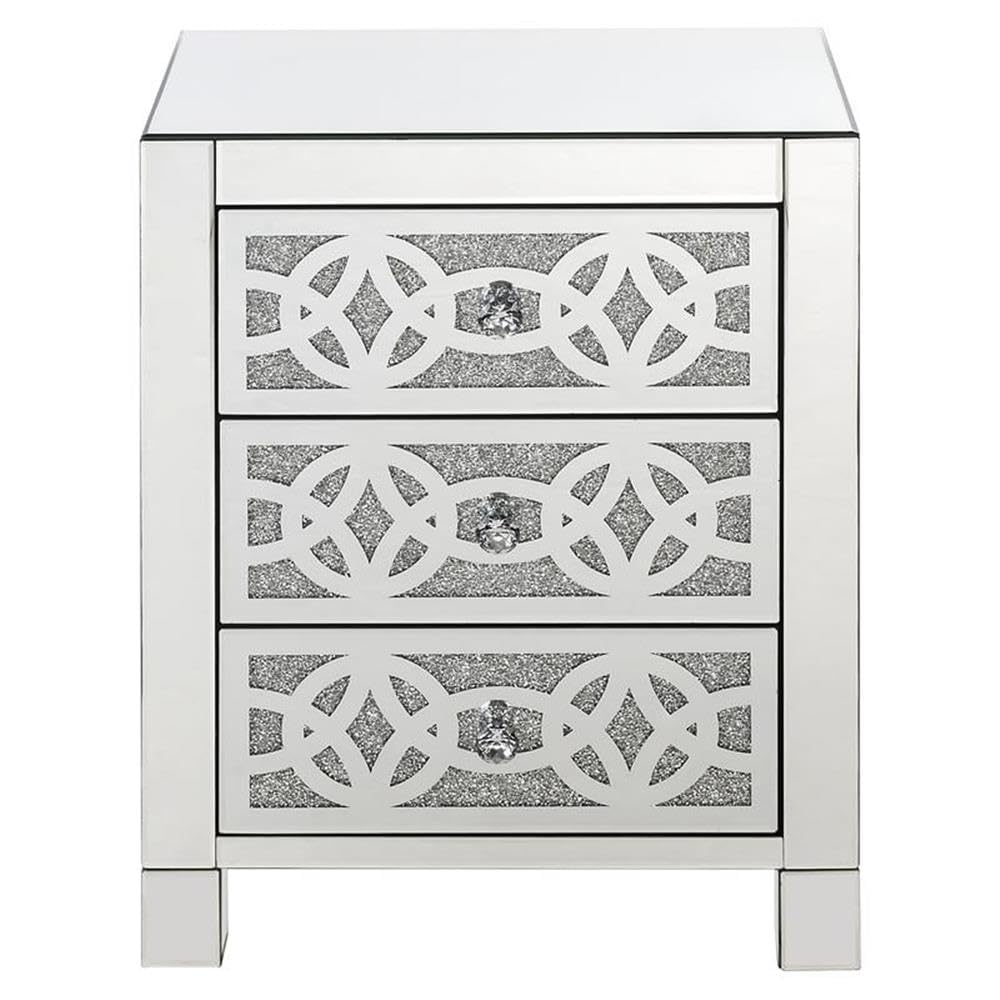 Acme Noralie Glass Accent Table with 3 Drawers - Mirrored Finish & Faux Diamond Decor - Perfect for Living Room, Bedroom or Entryway Decor