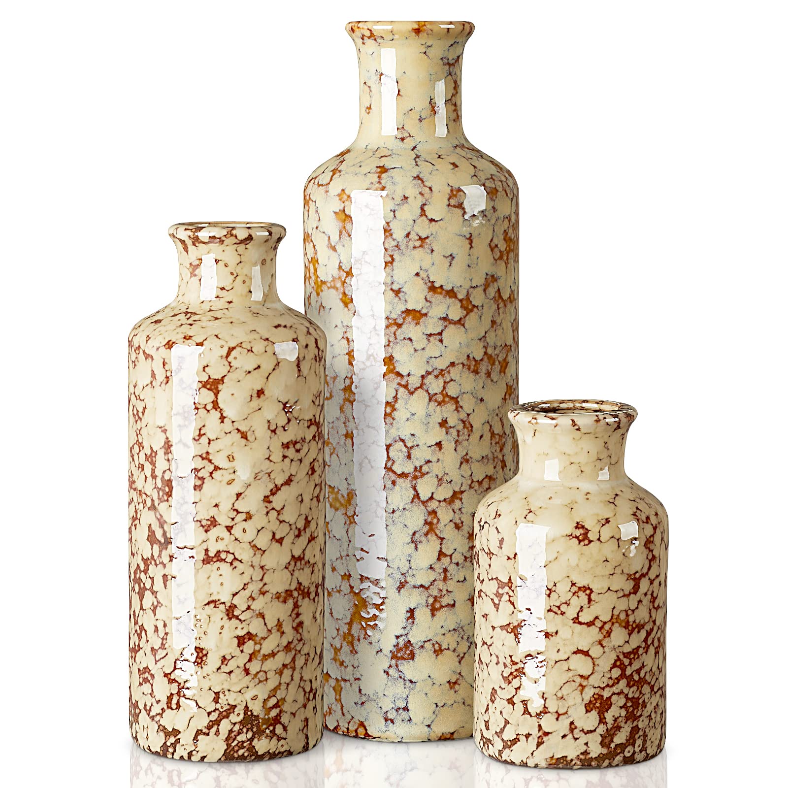 Rustic Ceramic Vase Set of 3 - Modern Farmhouse Decor for Living Room, Table, Bookshelf & Entryway | Handcrafted Flower Vases for Home Centerpieces, Wedding & Event Decor (Camel Color) - Perfect for Farmhouse Style Interiors, Rustic Weddings & Cozy Home Accents