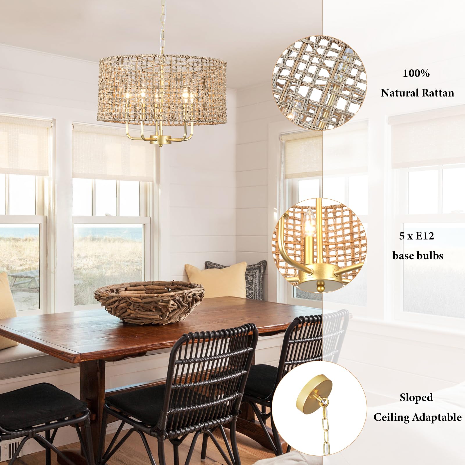 Boho Rattan Chandelier 5-Light Gold Woven Pendant Light, Coastal Wicker Drum Chandelier for Dining Room, Kitchen Island, Bedroom, Living Room, Entryway, Perfect for Farmhouse, Beach House, and Modern Interiors