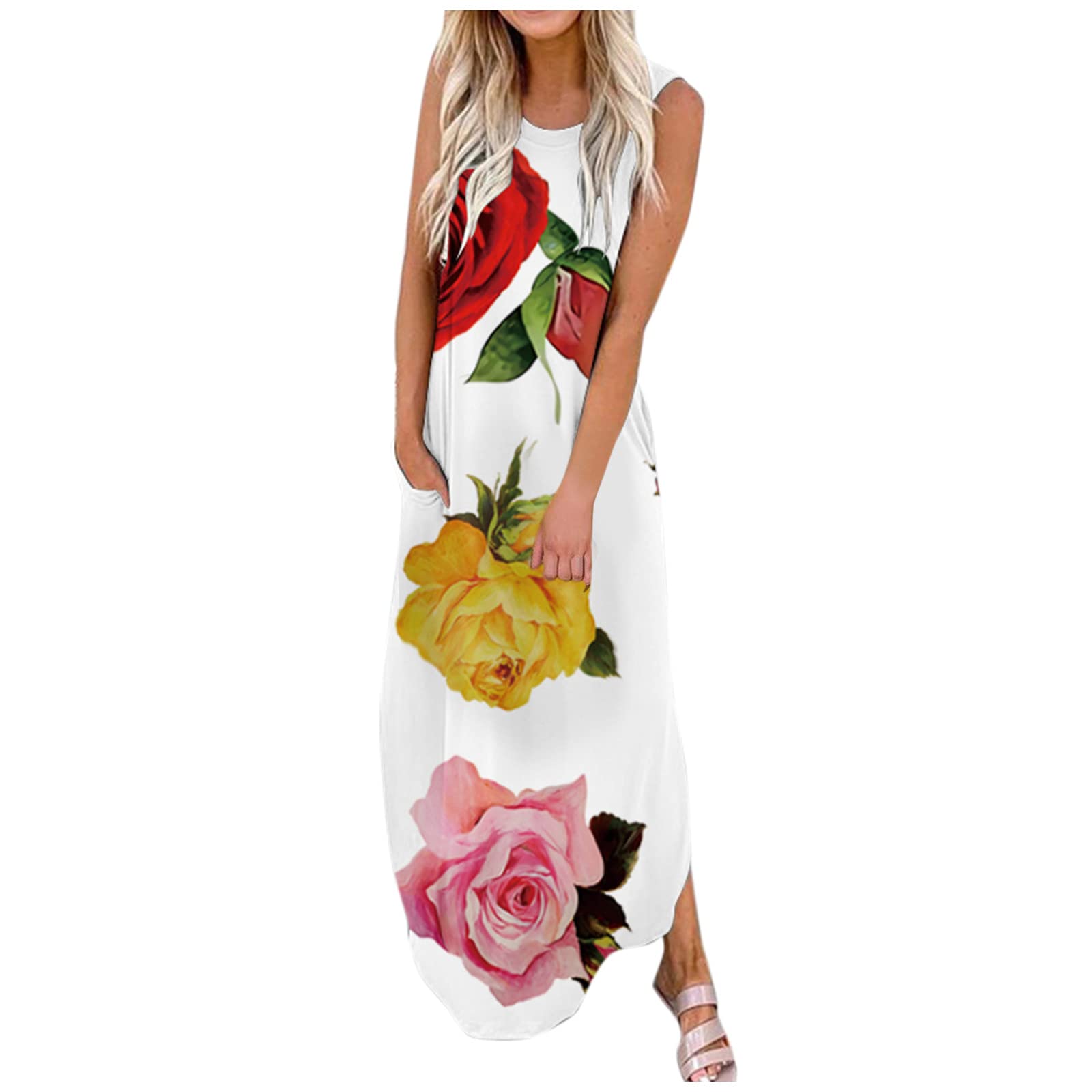 Tie Dye Maxi Dresses for Women - Floral & Graffiti Print Casual Summer Sleeveless Long Dresses - Beach Vacation, Music Festival & Boho Chic Outfit