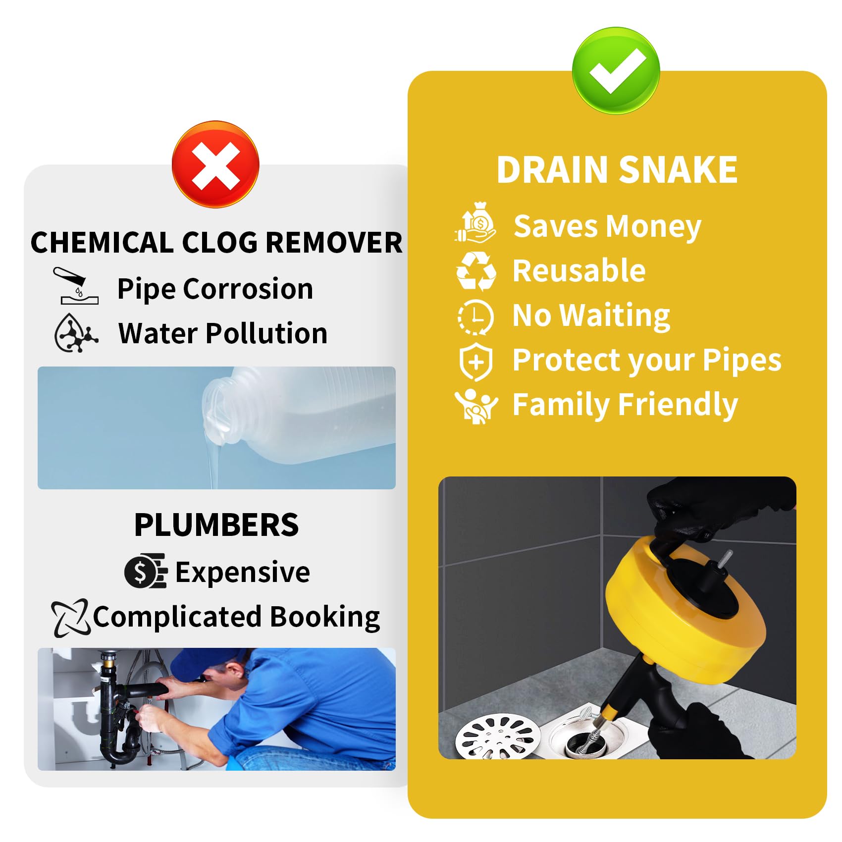 50 Ft Drain Snake Clog Remover - Heavy Duty Plumbing Snake for Sink & Shower Drain with Drill Attachment - Manual or Power Use - Includes Gloves & Storage Bag (1/4 Inch, Yellow) - Perfect for Kitchen Sink, Bathroom Drain & Tub Clog Removal