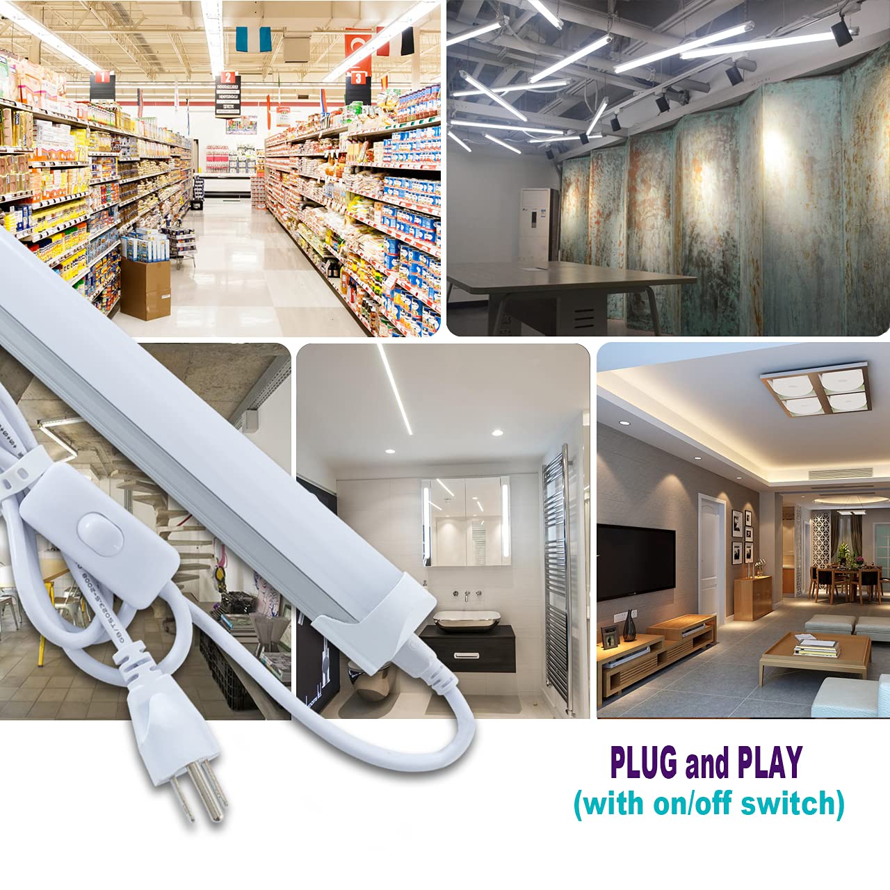 12-Pack 4FT LED Shop Light 24W T8 Integrated Tube Light with Milky Cover - 6000K Daylight White, ON/Off Switch Cable - Perfect for Household, Garage, Under Cabinet, Workshop, and Basement Lighting