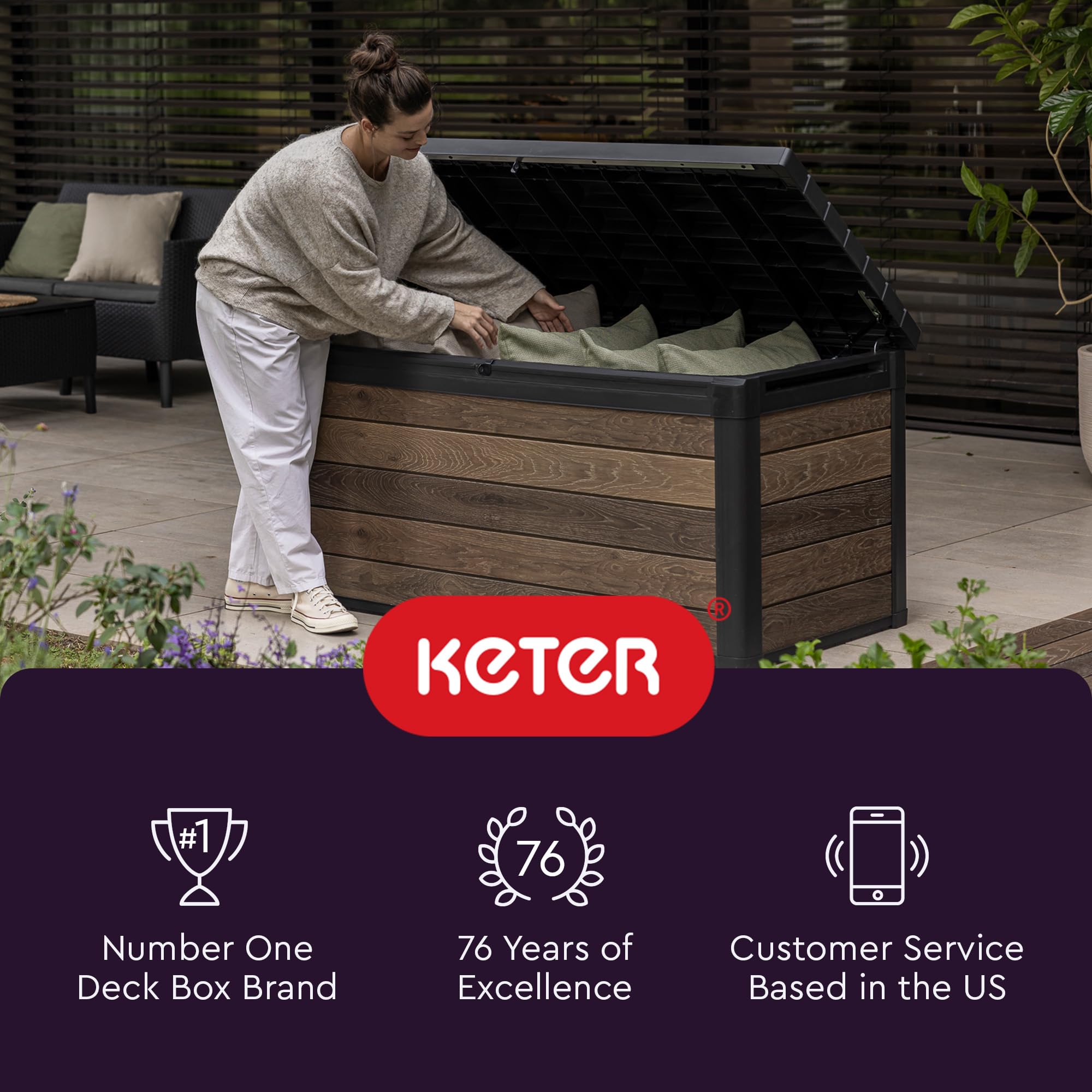 Keter Denali 200 Gallon Resin Deck Box with Double Wall 20mm Panels - Paintable & Drillable Outdoor Storage for Patio Furniture, Cushions, Pool Toys & Garden Tools - Grey & Black Weatherproof Organizer