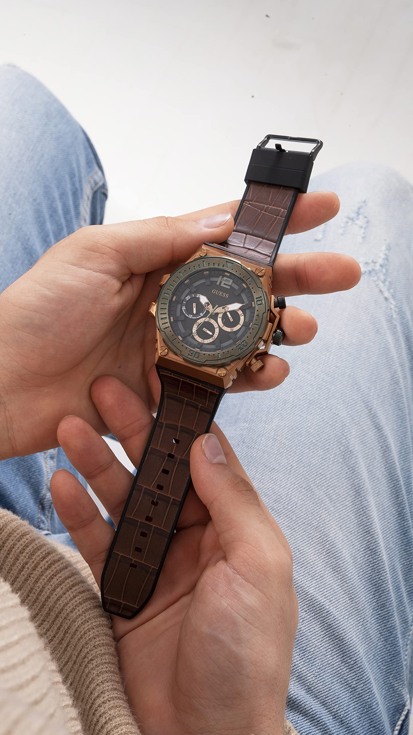 GUESS Brown Leather Strap Watch for Men - Adjustable Flex Band, Water Resistant, Casual & Dress Style - Perfect for Office, Date Night & Everyday Wear