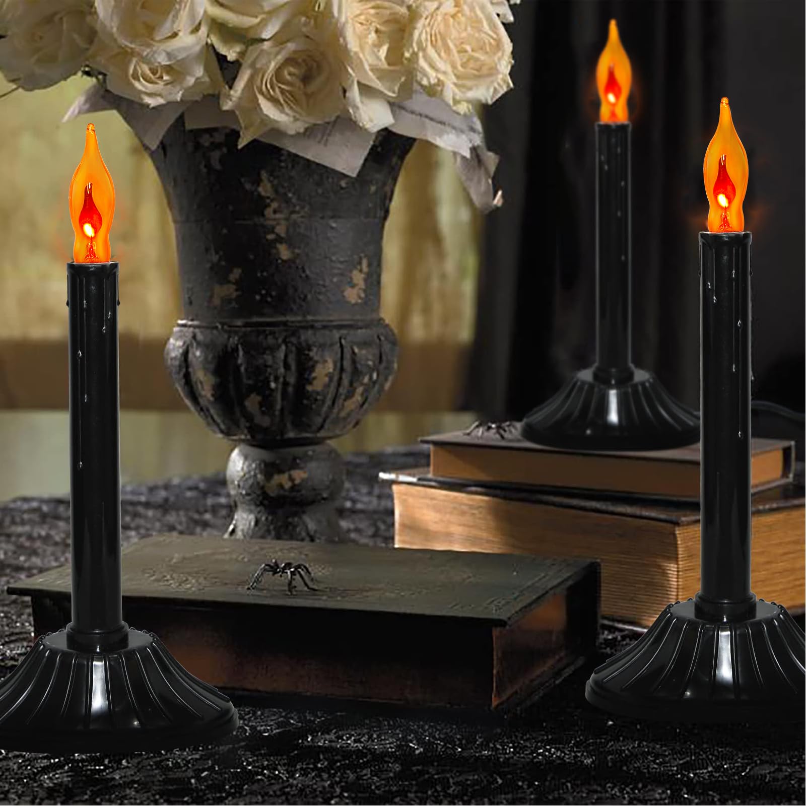 2 Pack Halloween Electric Candle Lamps - Black Window Candle Lights with C18 Orange Flickering Flame Bulbs (Includes 2 Spare Bulbs), Plug-in Flameless Candles for Halloween Decorations, Home, Table, Bar, Party & Holiday Ambiance - Perfect for Spooky Window Displays, Dinner Parties & Seasonal Festivities