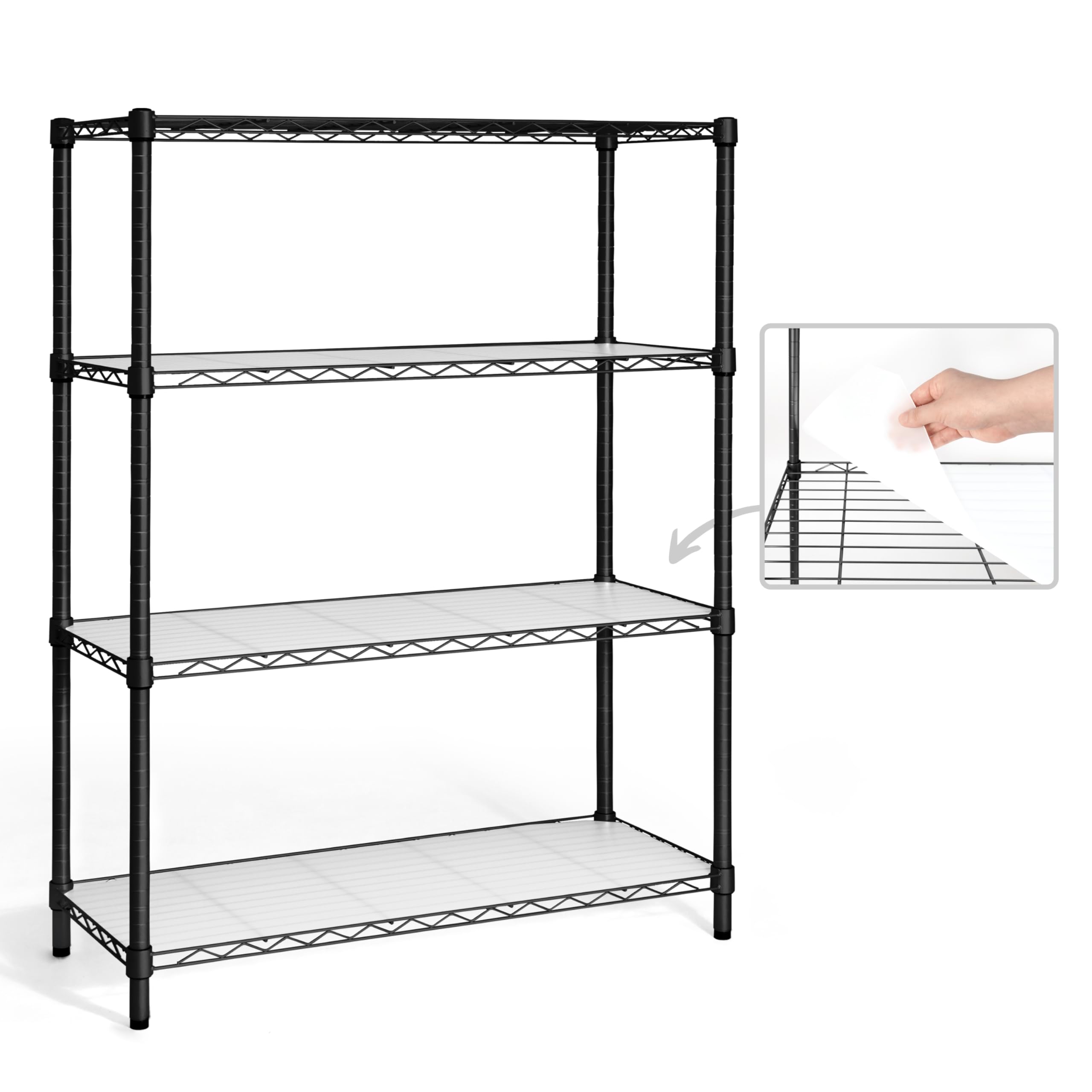 CAPHAUS NSF Certified Adjustable Height Wire Shelving Unit with Liners - Heavy Duty Metal Steel Storage Shelves for Basement, Garage & Utility Organization - 4-Tier Black Industrial Shelving (No Wheels) - Perfect for Home Storage, Pantry Organization & Commercial Use