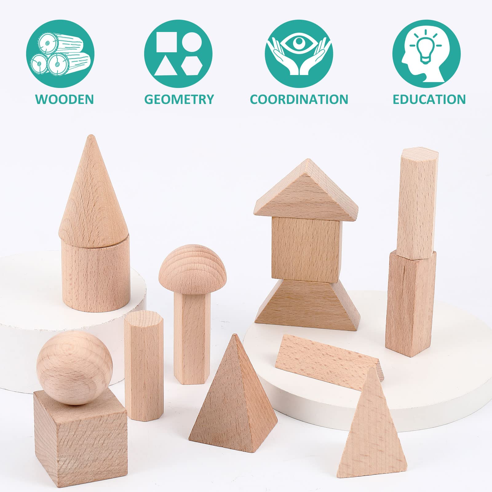 15 Pcs 3D Wooden Geometric Shapes - Montessori Learning Toys for Preschool & Homeschool