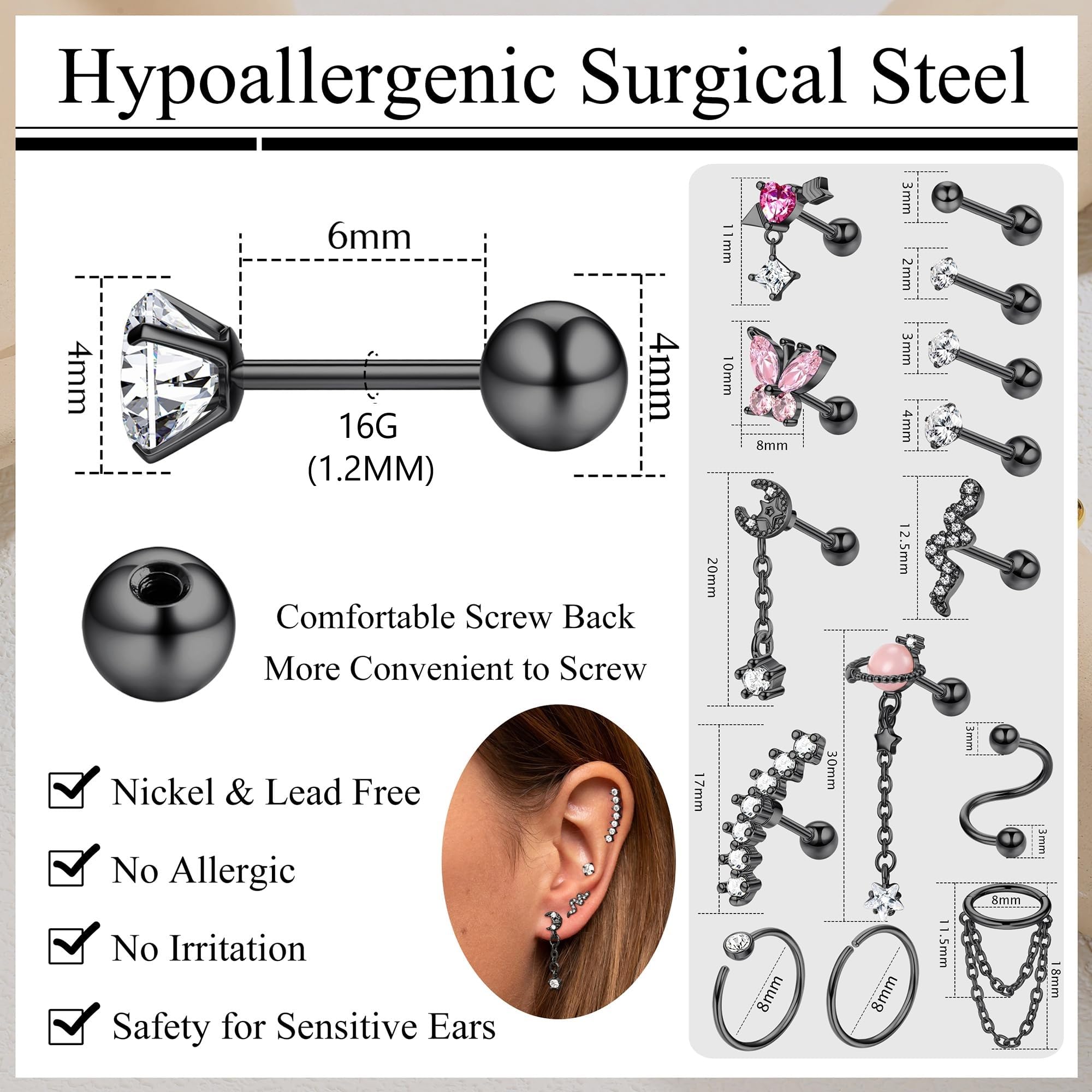 FASACCO 16G Helix Earrings - Surgical Steel Cartilage Piercing Jewelry for Conch, Helix & Ear - Perfect for Daily Wear, Parties & Gifts
