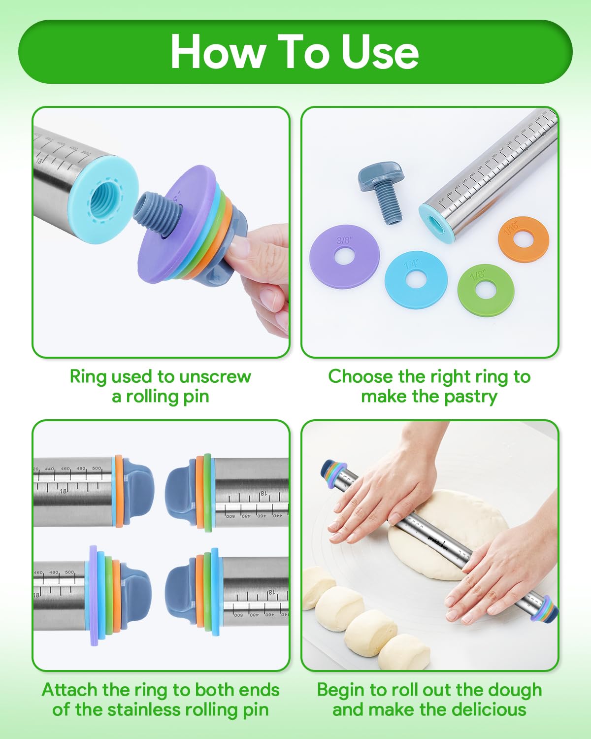 Adjustable Rolling Pin with Thickness Rings - 23.6 Inch Stainless Steel Dough Roller for Baking, Pizza, Cookies & Pastry | Perfect for Homemade Pies, Cookies & Pizza Dough Preparation