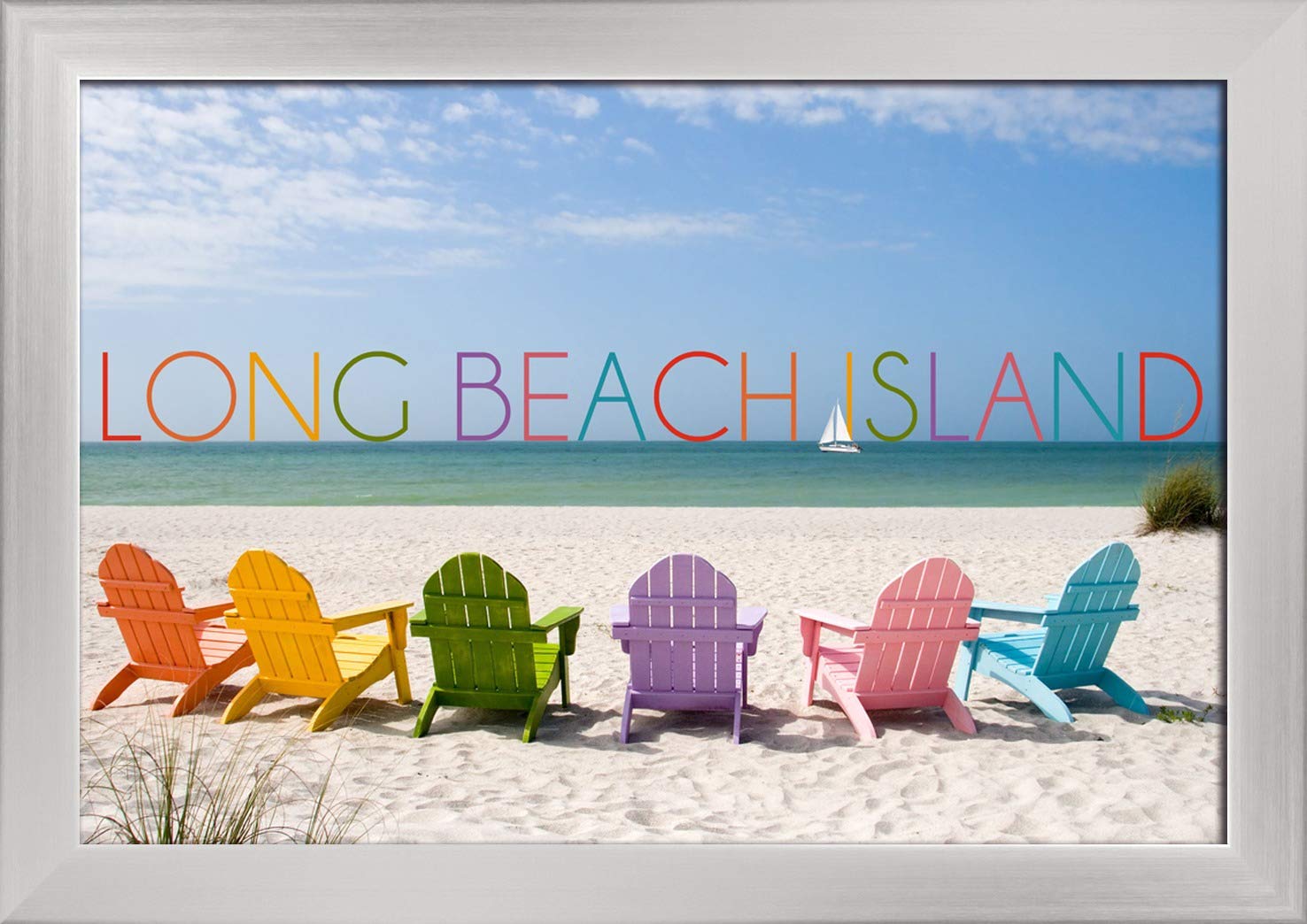 Long Beach Island Colorful Beach Chairs - 12x18 Giclee Fine Art Print with Recycled Wood Frame in Silver | Perfect for Coastal Home Decor, Beach House Wall Art & Summer Living Room Accent