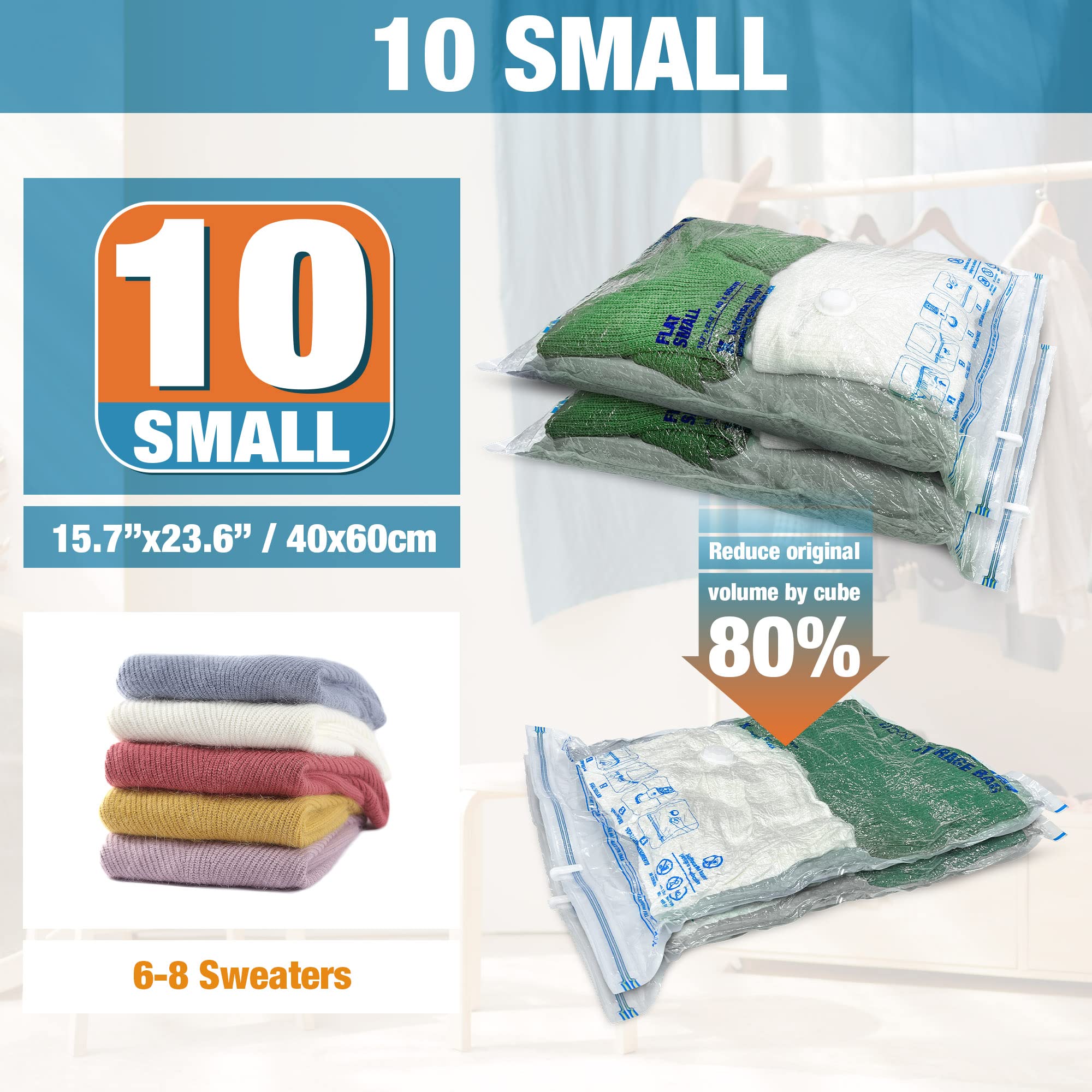 10 Small Vacuum Storage Bags for Clothes - Space Saver Vacuum Seal Bags with Hand Pump | Compact Travel & Home Organization Solution