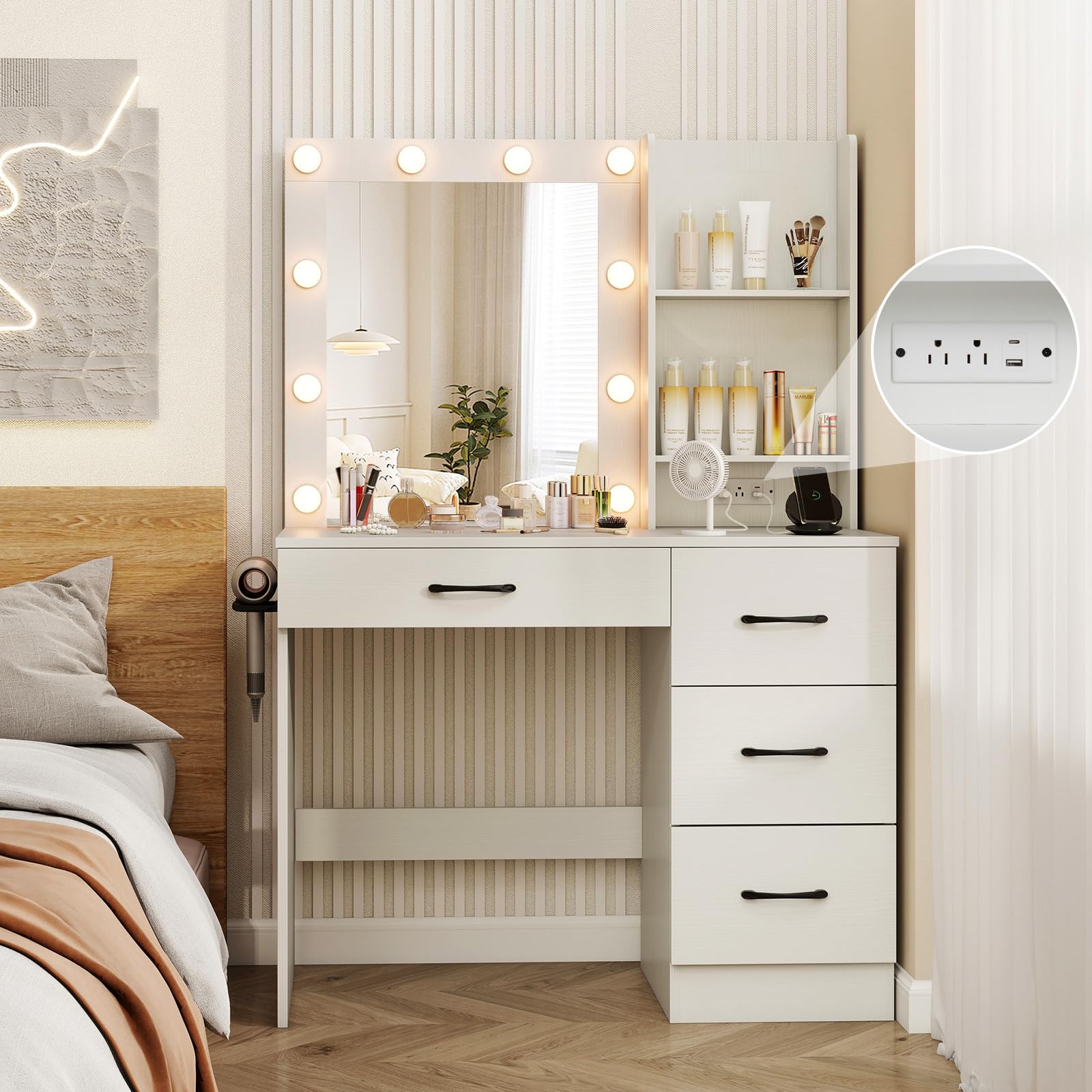 Charmaid White Vanity Desk with Mirror, LED Lights & Charging Station - Modern Makeup Dressing Table with 4 Drawers & 2 Shelves, 3-Color Adjustable Lighting - Perfect for Bedroom, Home Salon & Beauty Room Organization