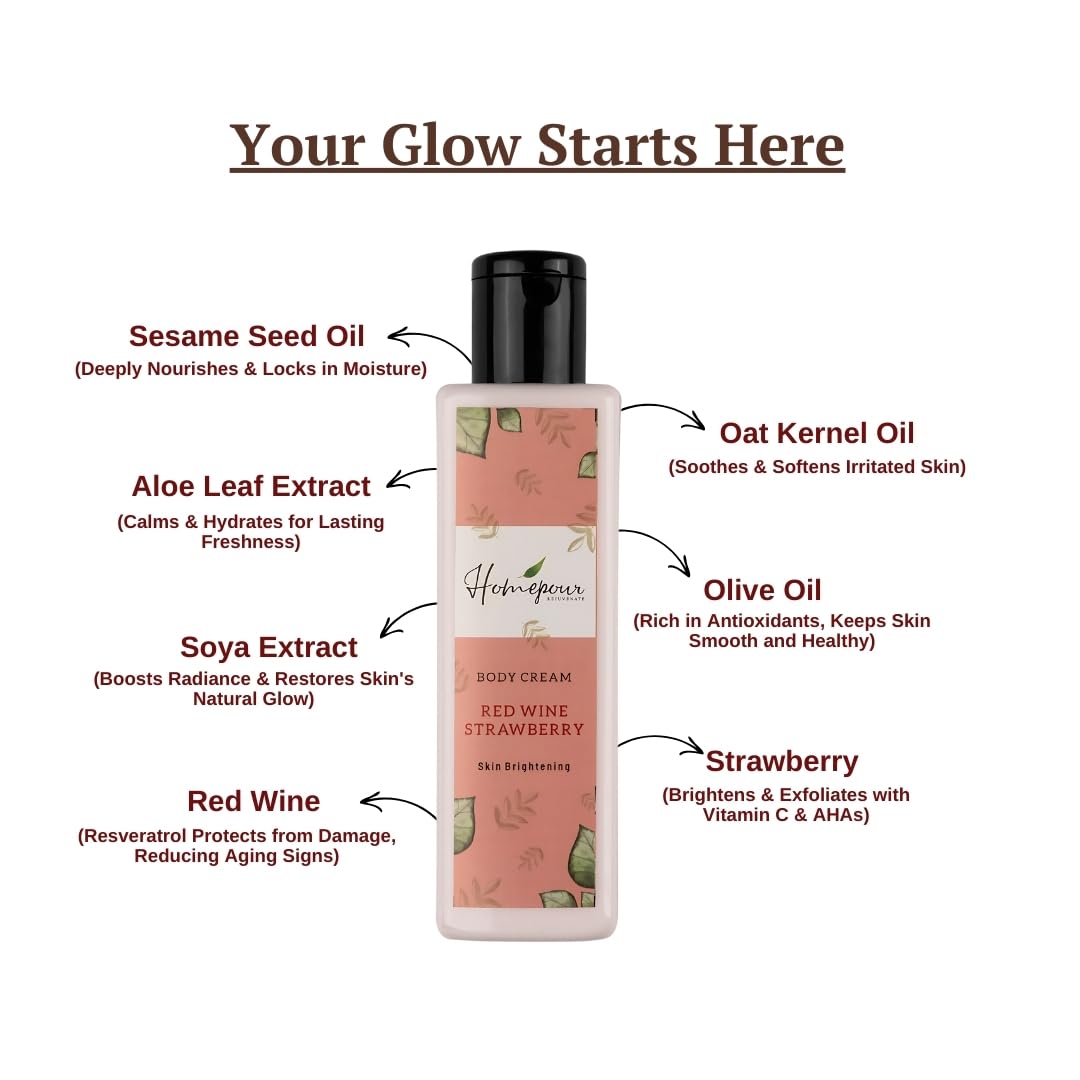 Homepour Redwine Strawberry Body Cream - 200g Handmade Skin Brightening Moisturizer for Dry Skin | Perfect for Daily Hydration & Night Care Routine