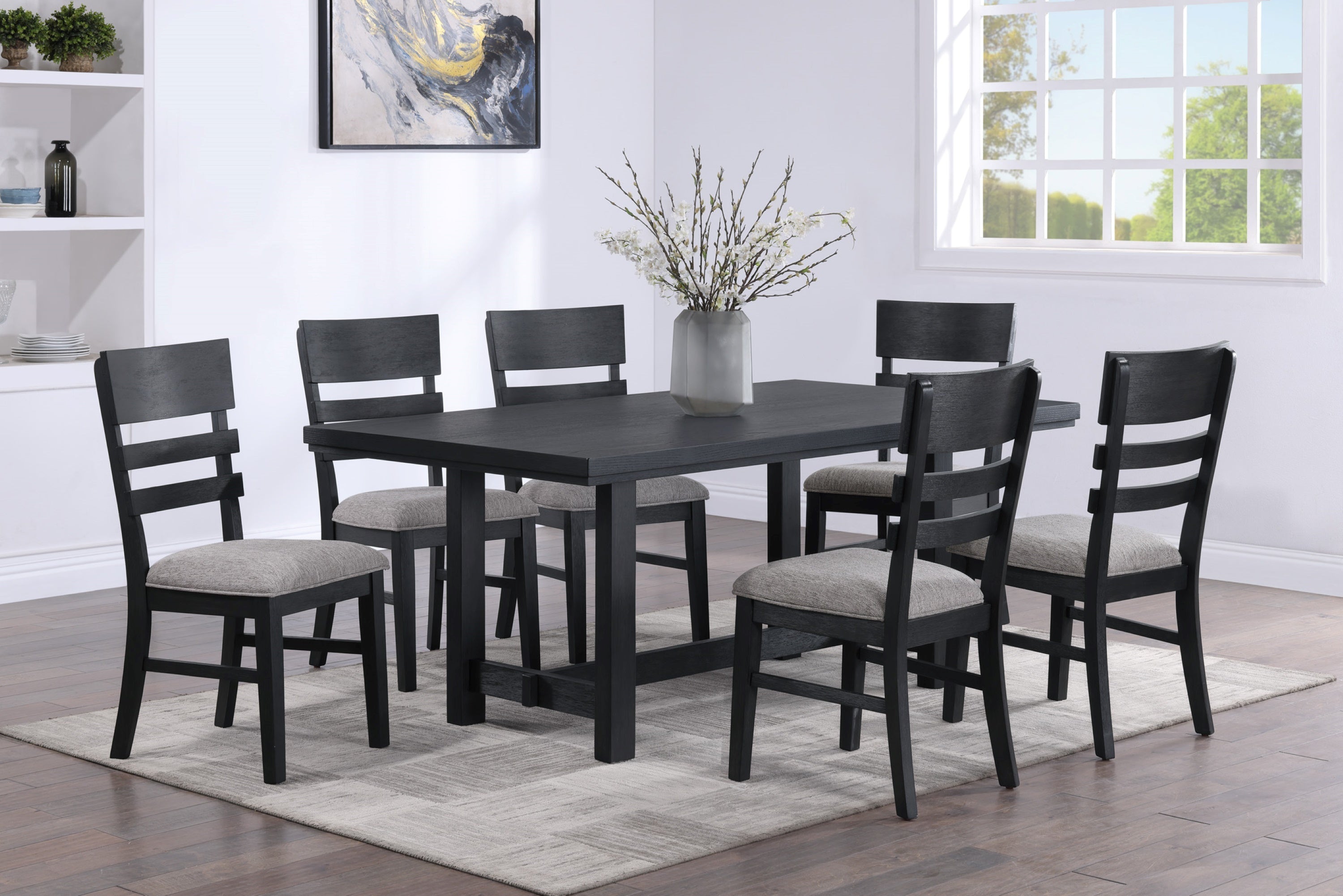 2-Piece Black Finish Side Chairs with Gray Fabric Upholstered Seat - Ladder Back Contemporary Transitional Style Wooden Dining Chairs for Kitchen, Breakfast Nook & Small Space Decor