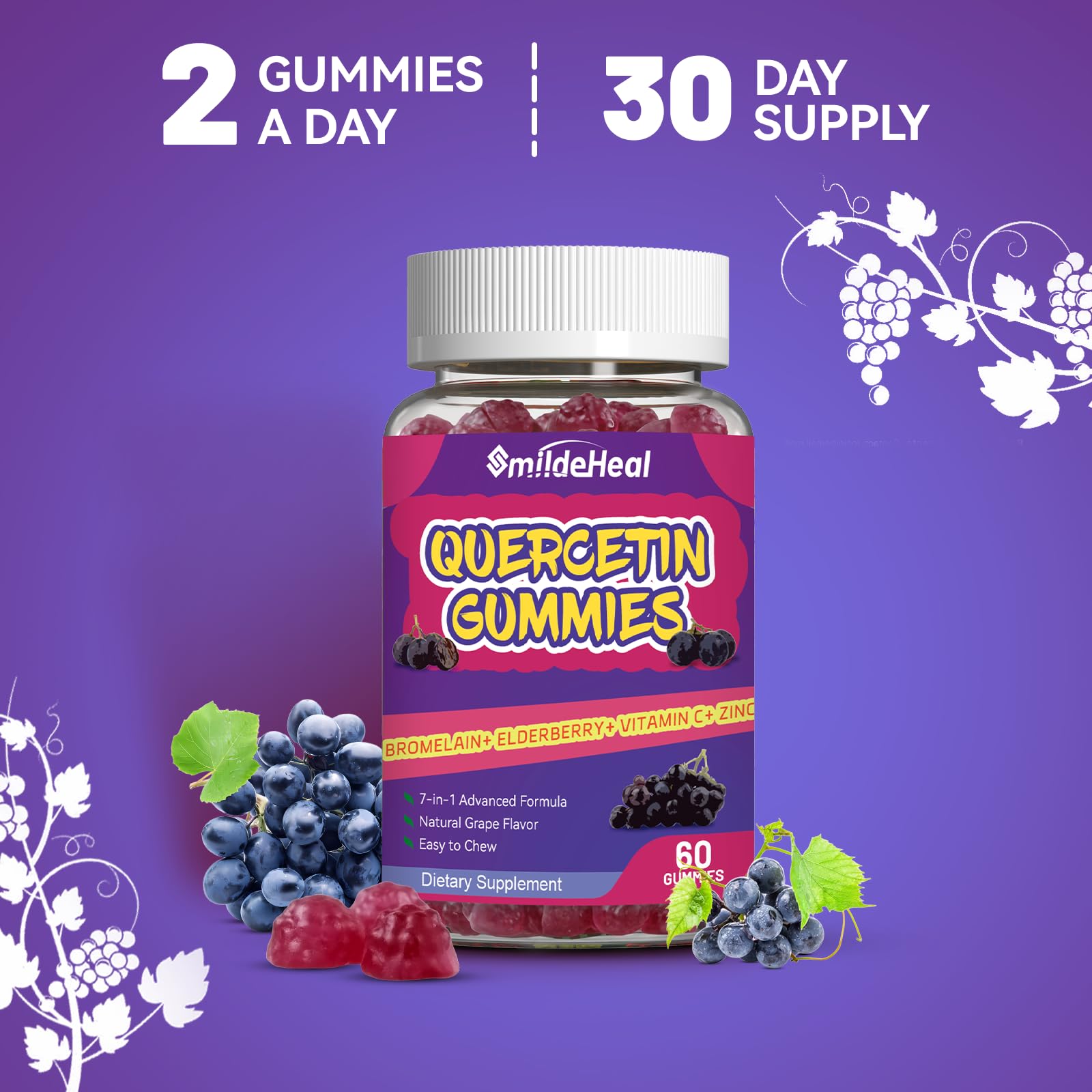 Quercetin Gummies 1200mg with Bromelain, Zinc & Vitamin C - Immune Support Supplement for Adults & Kids - 60 Vegan Gummies for Daily Wellness & Allergy Relief