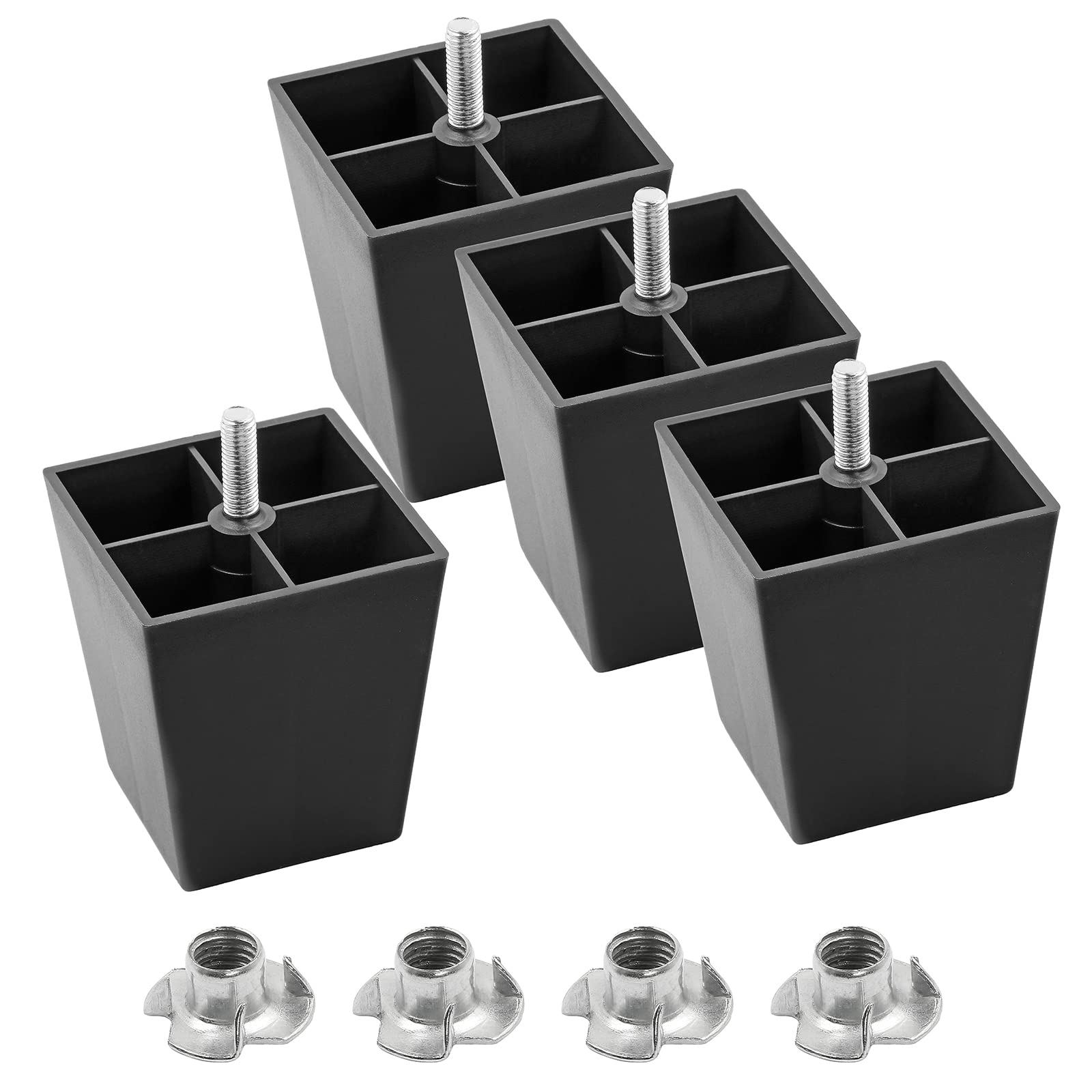 3 Inch Black Square Plastic Furniture Legs - Set of 4 M8 Replacement Feet for Sofa, Couch, Armchair, Bed, Cabinet & Desk | Mid Century Modern Style | Perfect for Living Room, Bedroom & Office Furniture Upgrade