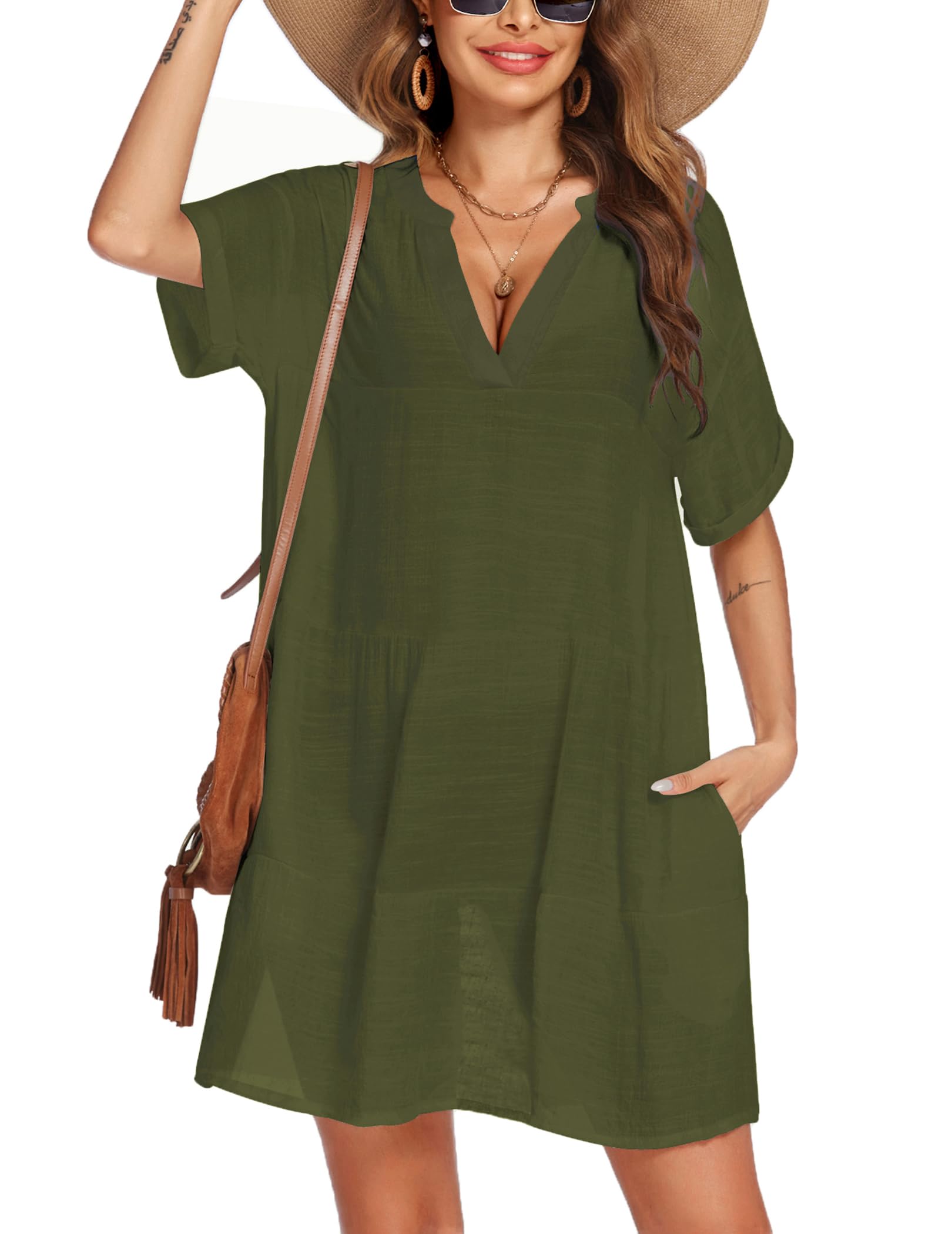 AI'MAGE Women's Swimsuit Cover Up Dress - Lightweight Bikini Beach Coverup with Pockets, A-Line Bathing Suit Wrap for Pool, Vacation & Summer Outings