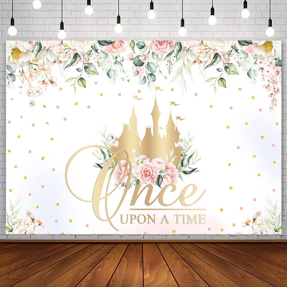 Sendy 7x5ft Once Upon a Time Backdrop - Fairy Tale Book Themed Birthday Party Decor, Princess Floral Castle Photography Background for Baby Showers, Cake Tables & Photo Props (Pink & Gold) - Perfect for Girls' Birthday Parties, Baby Showers & Themed Photoshoots