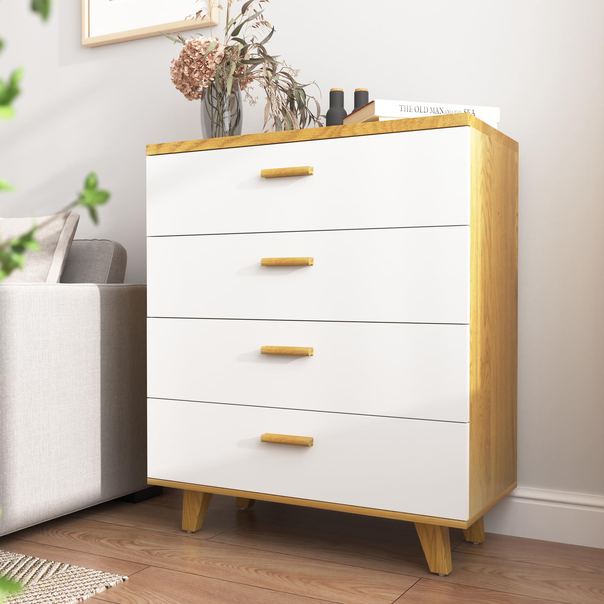 Modern White 4-Drawer Wood Dresser for Bedroom - Large Chest of Drawers & Nightstand, Perfect Bedside Table for Master Bedroom, Guest Room or Nursery Organization