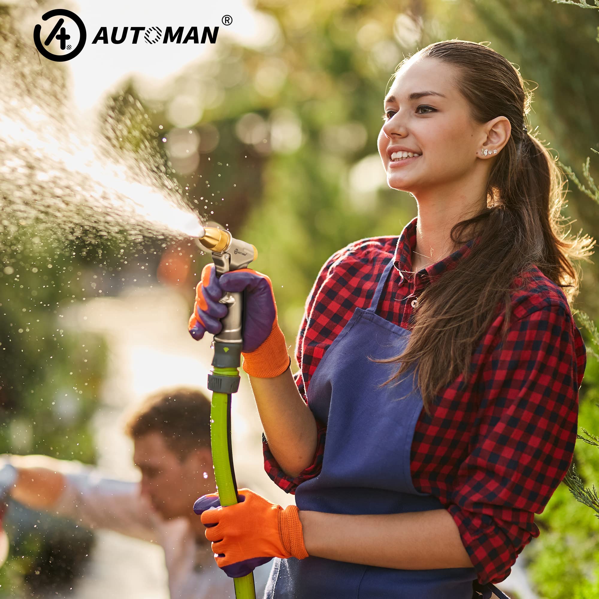 AUTOMAN Heavy Duty Metal Garden Hose Nozzle Sprayer - High Pressure Water Spray Nozzle with 4 Adjustable Patterns - Perfect for Watering Plants, Lawn Care, Car Washing & Pet Grooming - Ideal for Home Gardening, Outdoor Cleaning and Backyard Maintenance