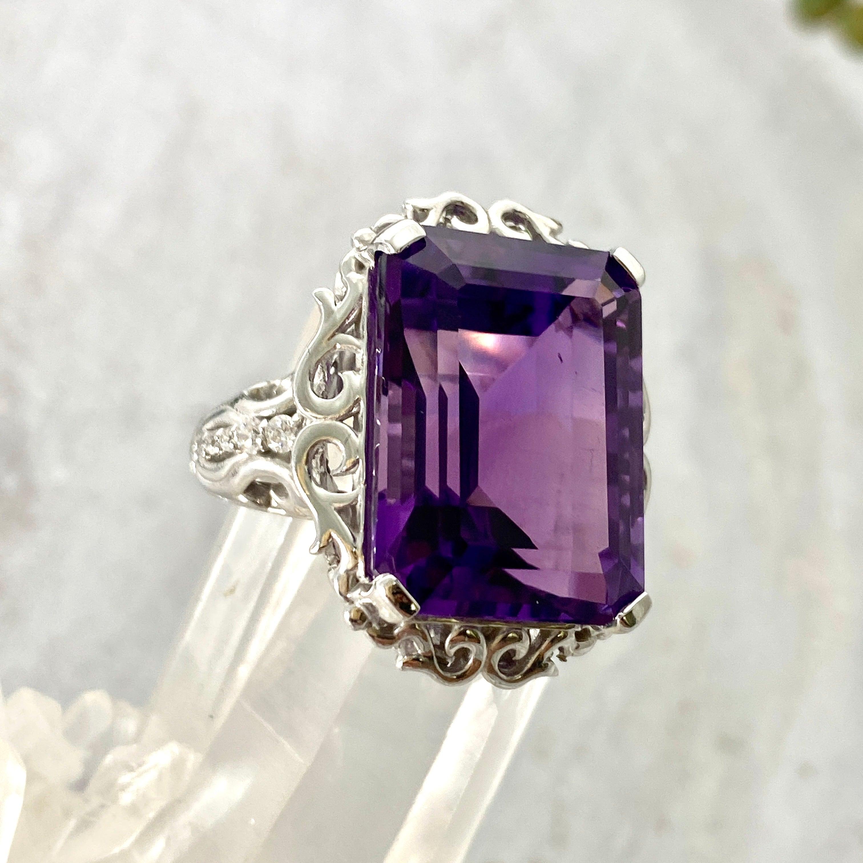 Amethyst Emerald Cut Ring with CZ Accents - Size 8 - HRGJ 35 - Elegant Jewelry for Women, Perfect for Weddings, Anniversaries & Special Occasions
