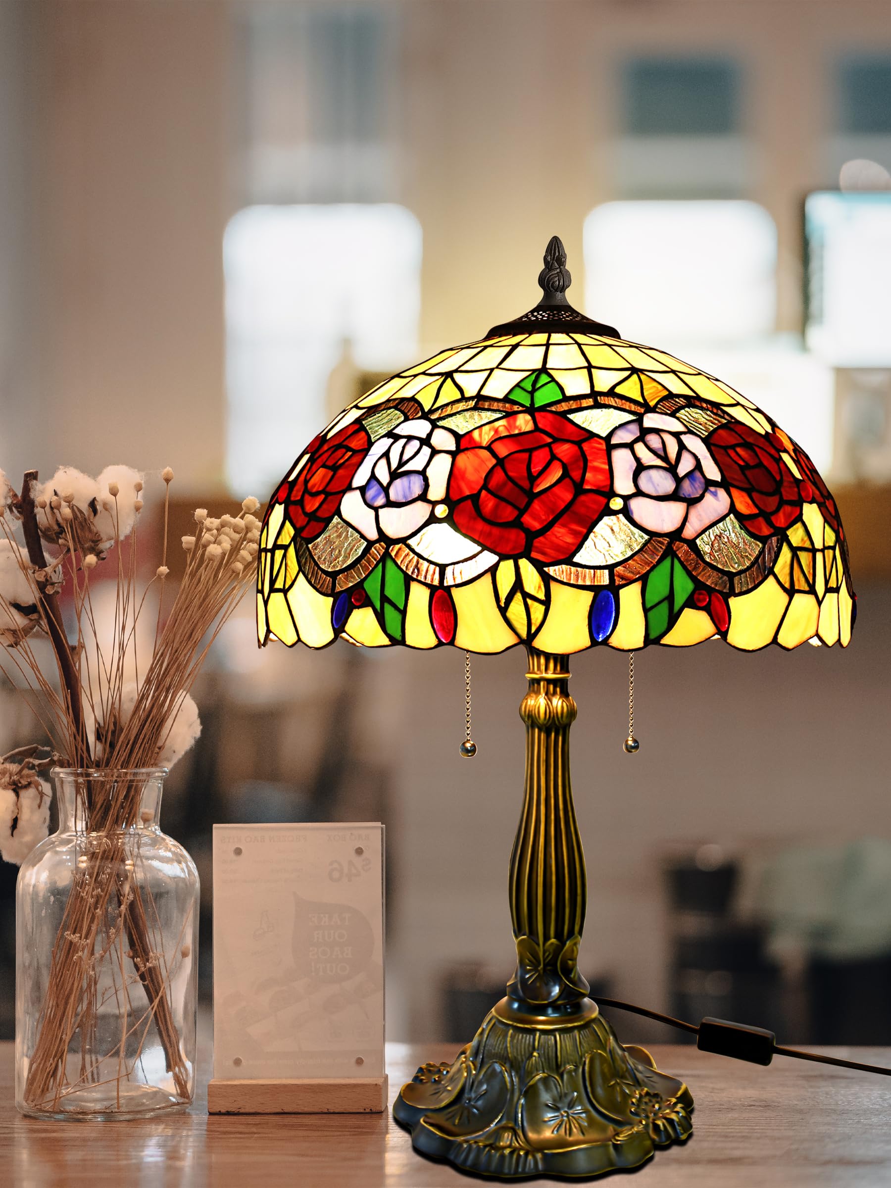 Tiffany Style Stained Glass Rose Table Lamp - 24 Inch Tall, 16 Inch Wide Shade, Antique Zinc Base with 2 Bulbs - Perfect for Living Room, Bedroom, Kitchen & Family Room Decor