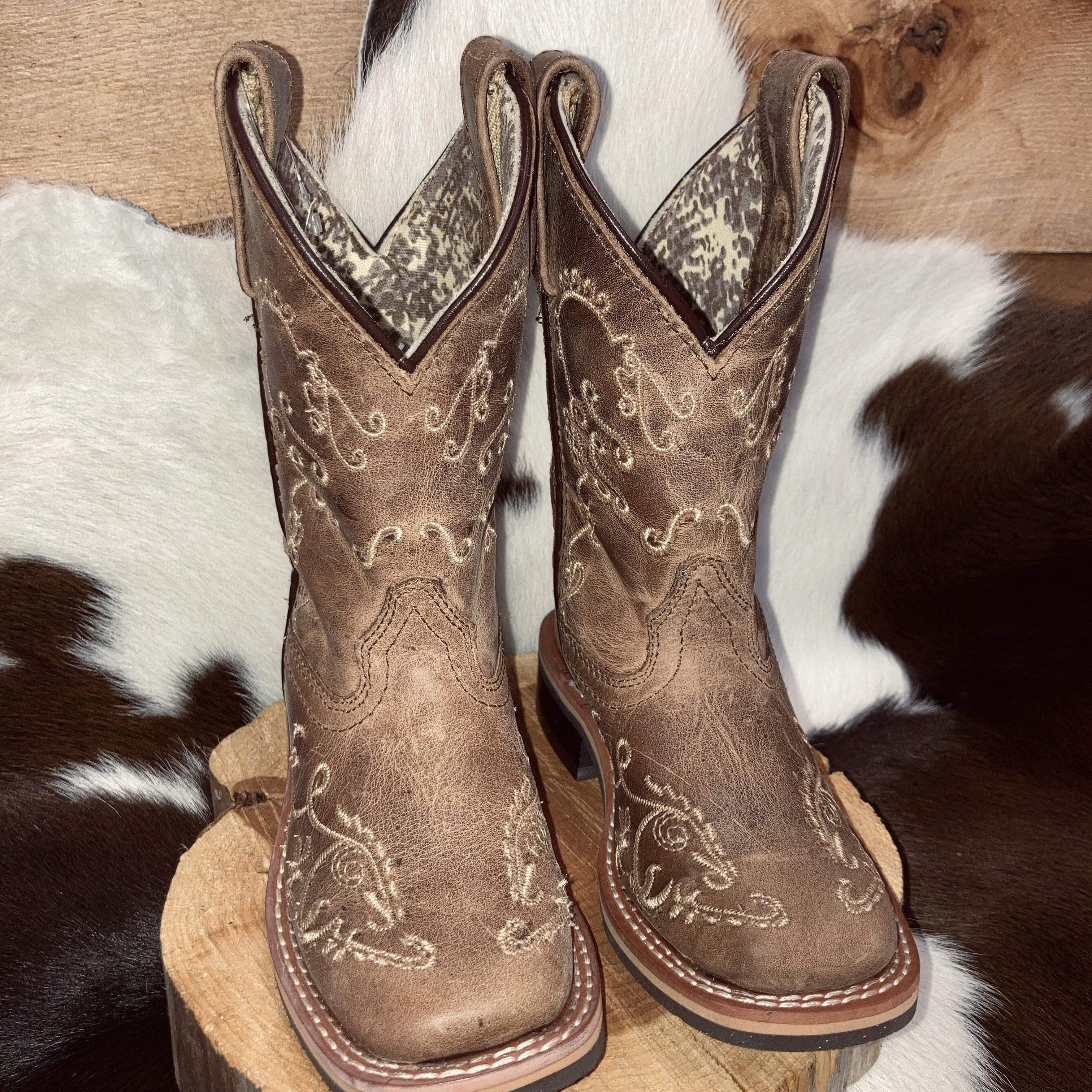 SM Kids Brown Distressed Square Toe Boots - Comfortable & Stylish Western Boots for Boys & Girls - Perfect for School, Outdoor Play & Cowboy Costumes