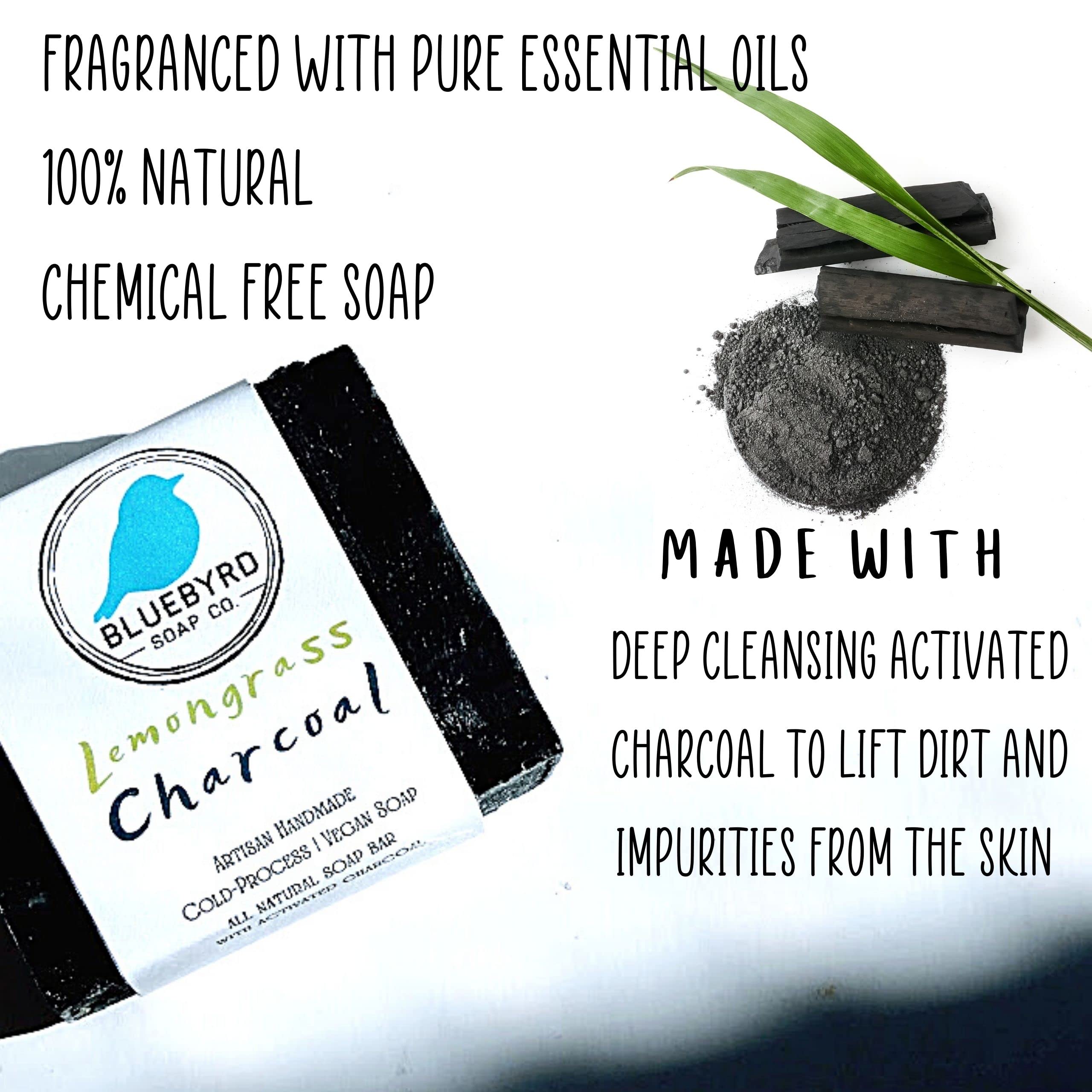 BLUEBYRD Lemongrass Essential Oil Soap Bar - 100% Natural Activated Charcoal Black Soap | Vegan, Detoxifying & Cleansing Body Wash | Handmade in USA | Perfect for Acne-Prone Skin & Deep Pore Cleansing