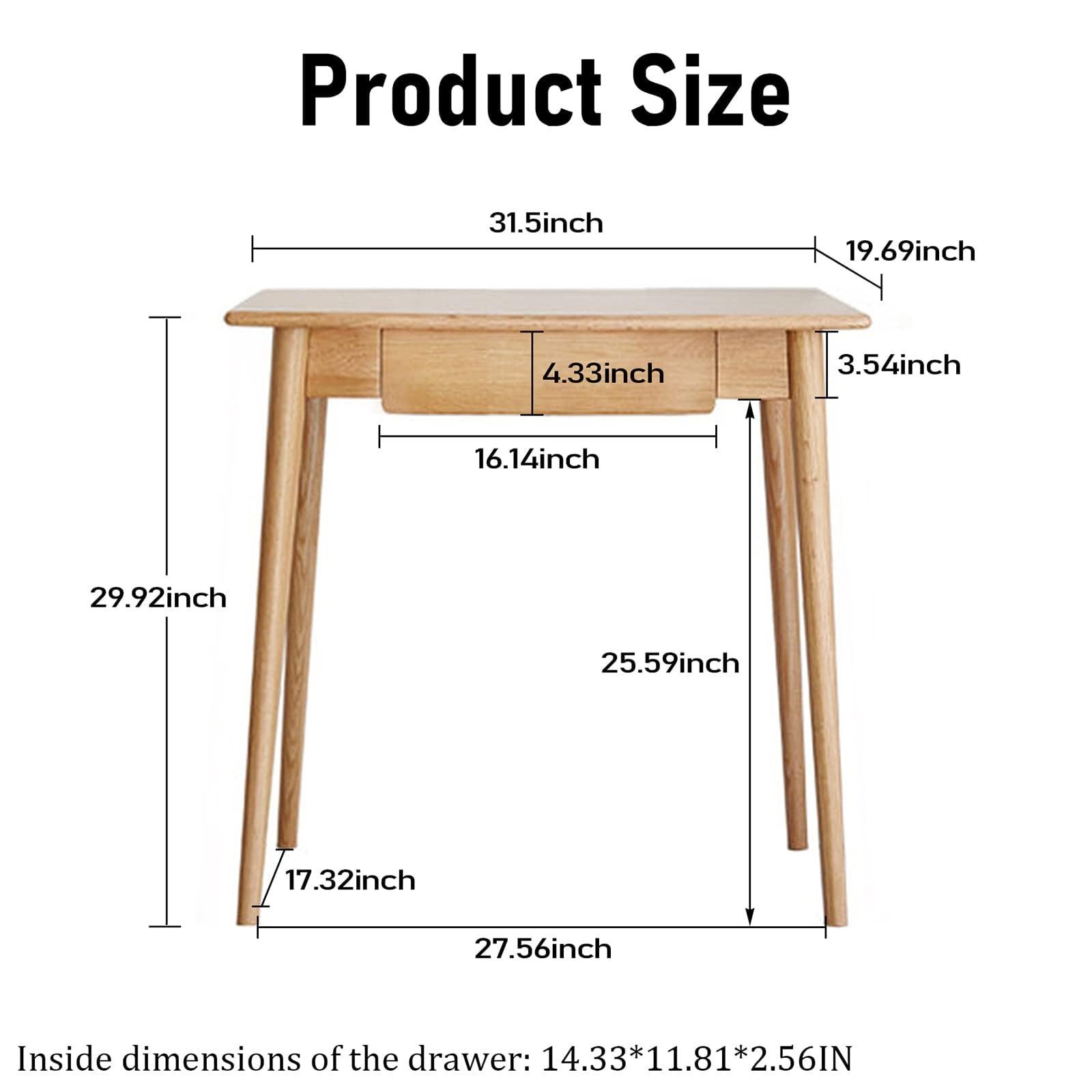 Solid Oak Wood Office Desk with Drawers - 31.5