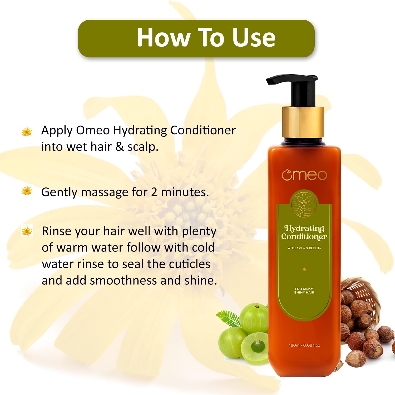 Omeo Hydrating Hair Conditioner with Reetha & Amla Extracts - Deep Cleansing, Strengthening & Nourishing Formula | Reduces Combing Damage for Men & Women (180ml) | Perfect for Dry, Damaged Hair & Daily Hair Care Routine