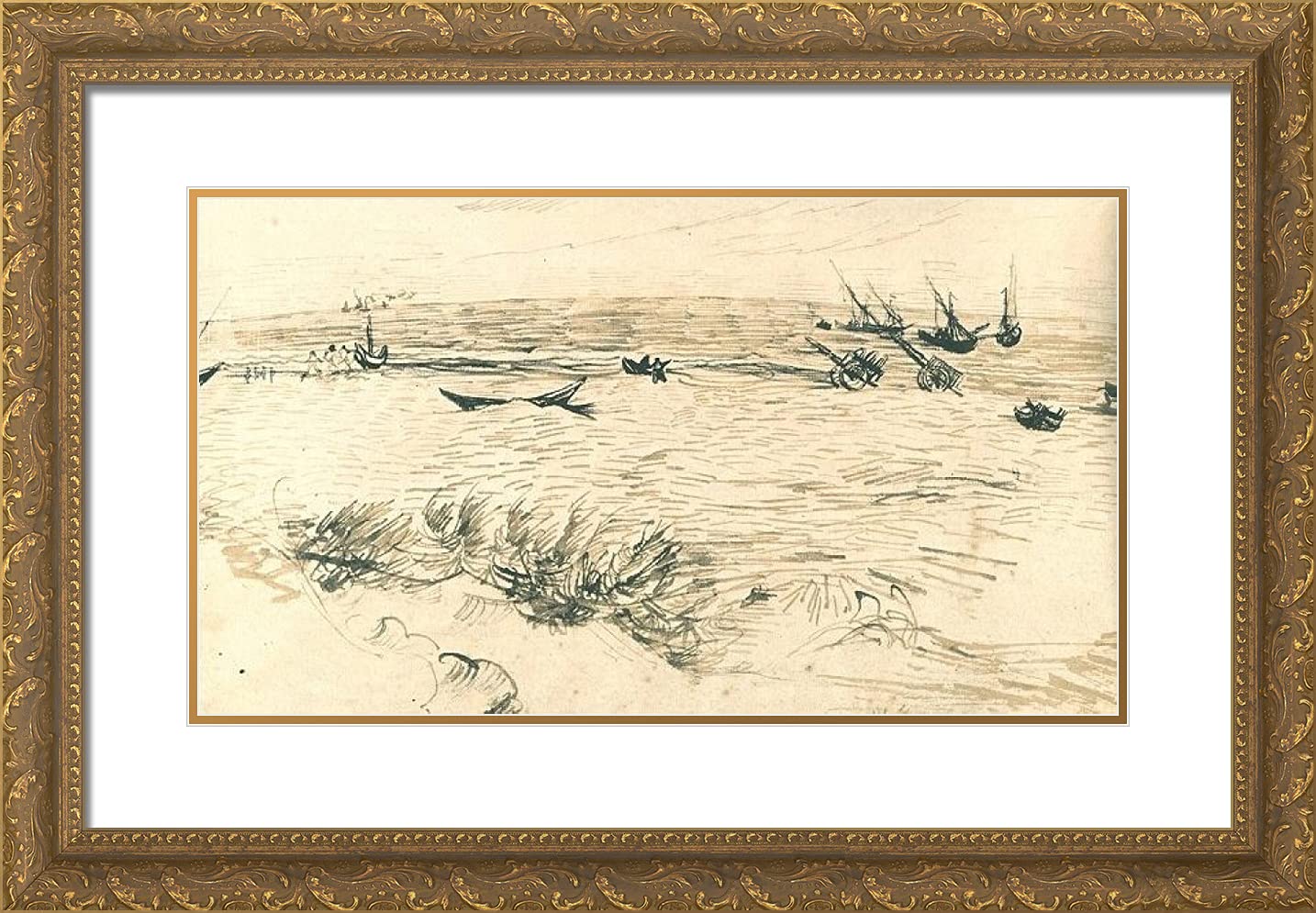 Van Gogh Beach Sea and Fishing Boats 24x17 Gold Framed Art Print - Double Matting, Wall Decor for Living Room, Bedroom & Office