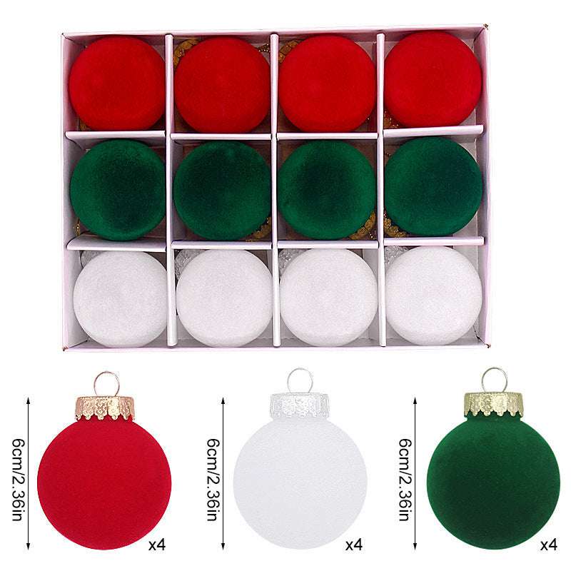 12-Piece Velvet Christmas Ornament Set - Classic Red, Green & White Baubles for Holiday Tree Decorations (6cm) | Elegant Xmas Tree Decor for Home, Office & Festive Party Decorating