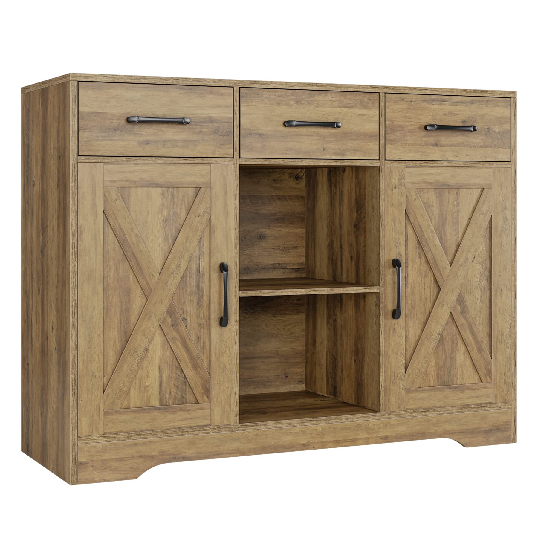 Modern Farmhouse Buffet Cabinet with Barn Doors - Rustic Brown Wood Sideboard with Storage, Drawers & Shelves for Dining Room, Kitchen, Coffee Bar & Living Room - Perfect for Home Decor & Entertaining Guests