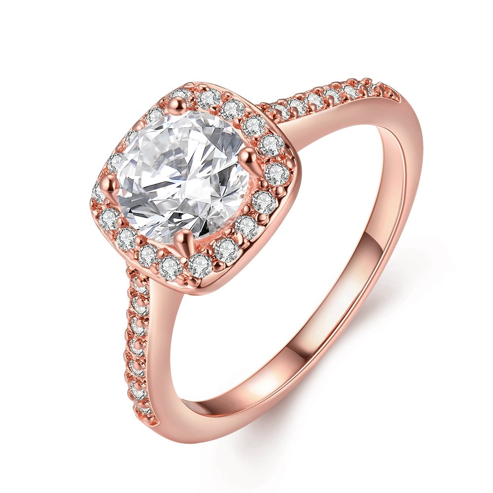 18K Rose Gold Plated Crystal Halo Engagement Ring for Women - Elegant Pave Band Wedding Jewelry (Rose Gold, Size 9) | Perfect for Proposals, Anniversaries & Special Occasions