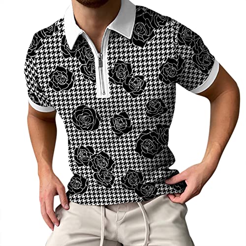 Stylish Men's Houndstooth Print Short Sleeve Dress Shirt with Lapel & Zipper - Perfect for Summer Spring Office Wear & Casual Outings