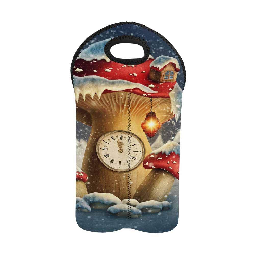 InterestPrint Insulated Neoprene Wine Bottle Tote Bag - 2 Bottle Capacity for Water, Beer & Drinks - Protective Carrier with Fantasy Mushroom House & Clock Design - Perfect for Picnics, Parties & Outdoor Adventures