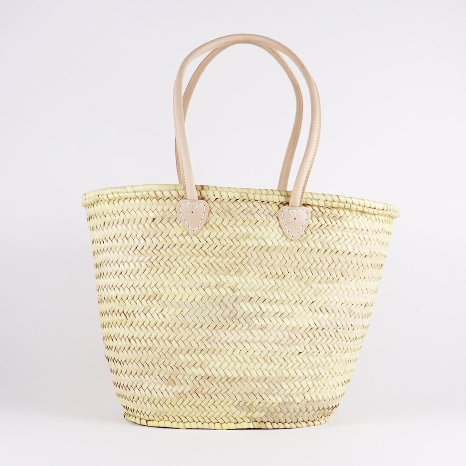 French Straw Basket Bag with Leather Handles - Eco-Friendly Woven Beach Tote, Market Shopping Basket, Natural Wicker Handbag (Brown) - Perfect for Beach Vacations, Farmers Markets & Boho Home Decor