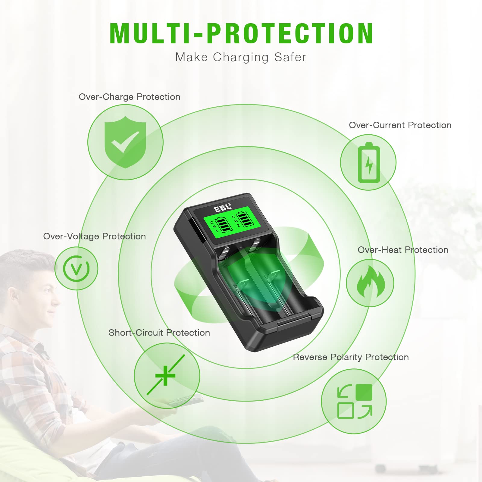 EBL Universal 18650 Battery Charger for 3.7V Li-ion & 1.2V Ni-MH Rechargeable Batteries - Compatible with 26650, 22650, 18650, AA, AAA, CD - Perfect for Flashlights, Cameras, and Electronic Devices