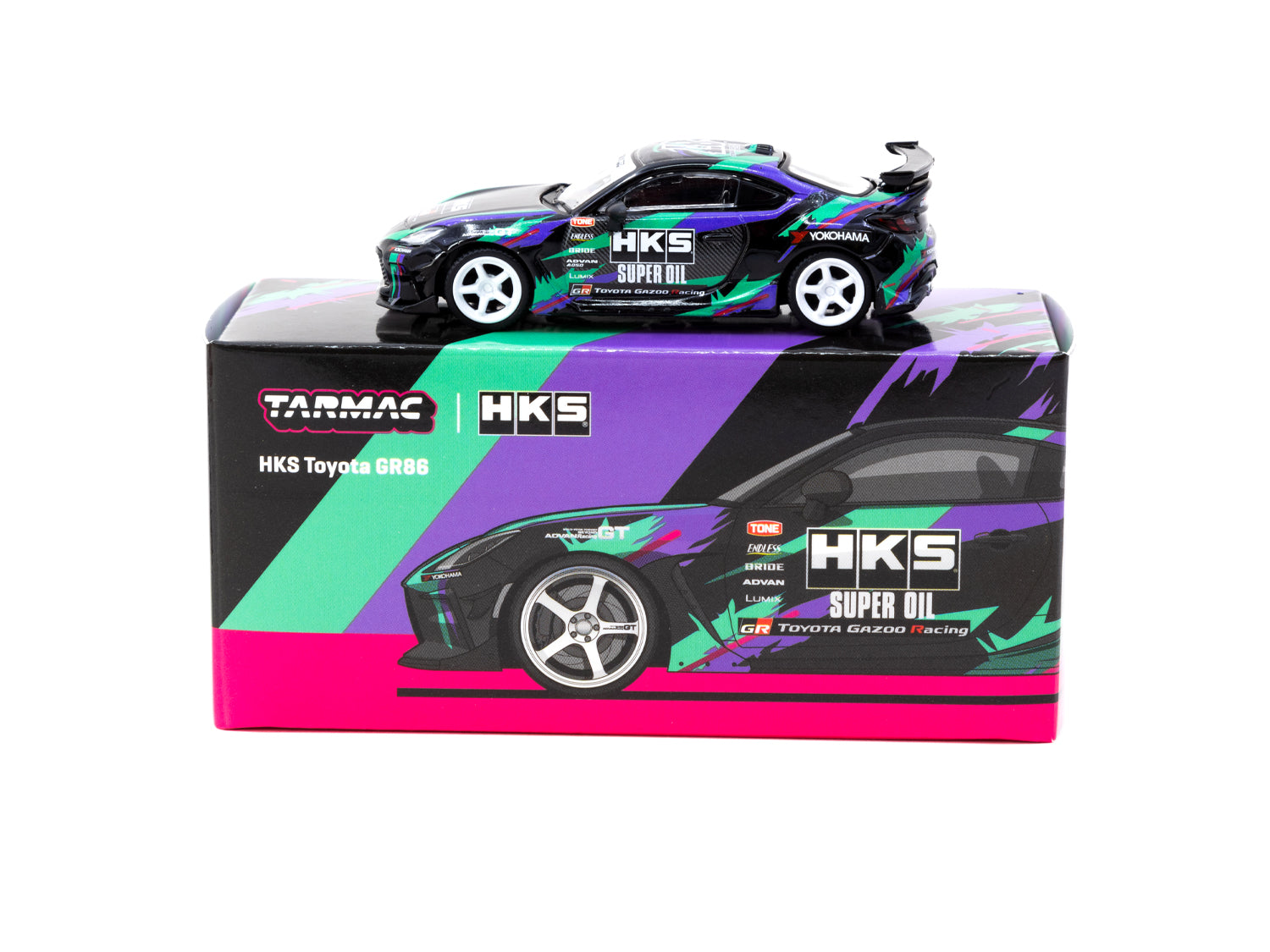 Tarmac Works 1/64 Scale HKS Toyota GR86 Diecast Model Car - Black - Collectible Miniature Vehicle for Display & Racing Enthusiasts - Perfect for Diecast Collections, Desk Decor & Toy Car Racing Scenes