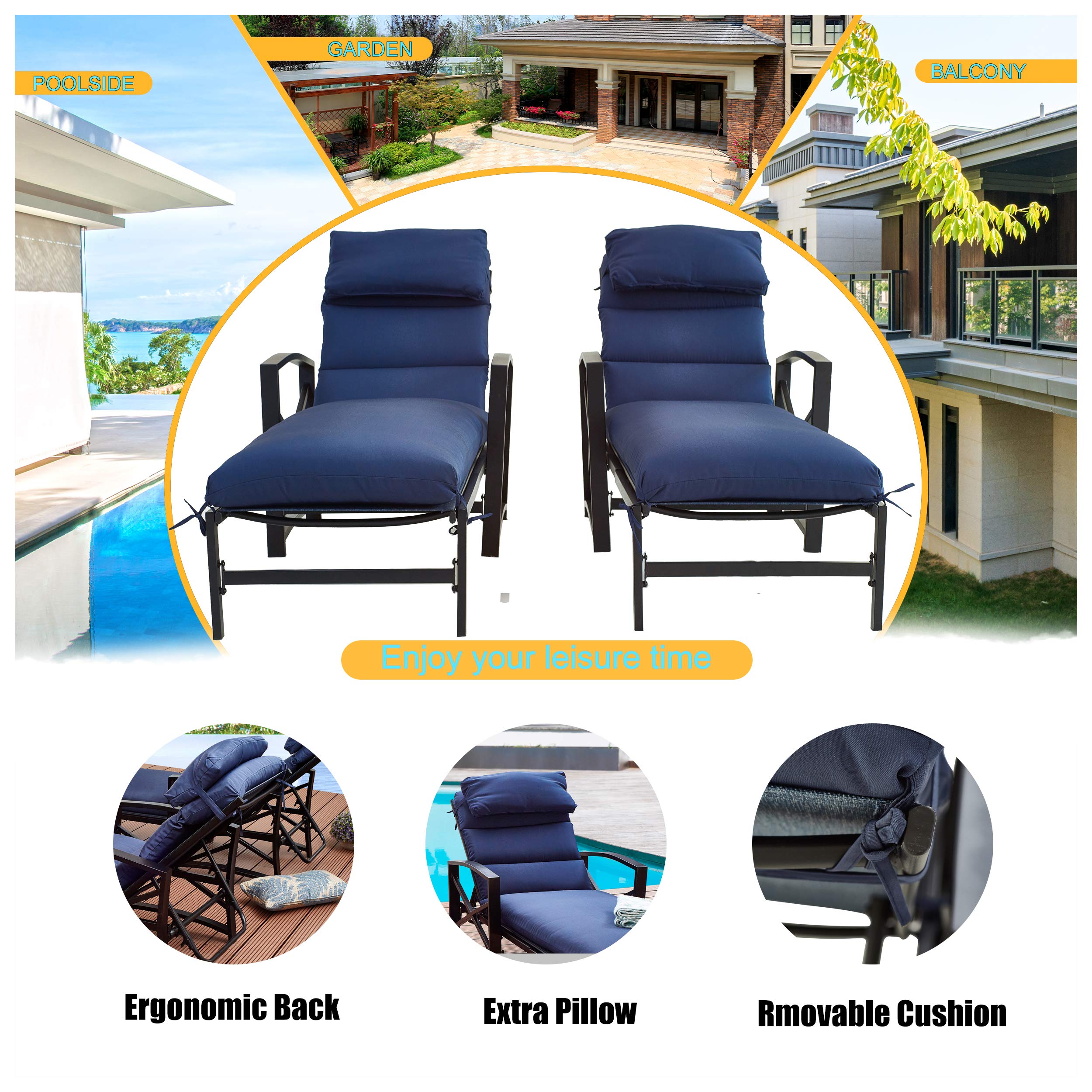 LOKATSE HOME 2-Piece Outdoor Patio Chaise Lounge Set with Removable Blue Cushions & Pillows, Adjustable Backrest & Armrests - Reclining Beach Poolside Balcony Backyard Garden Chairs for Relaxing, Sunbathing & Lounging