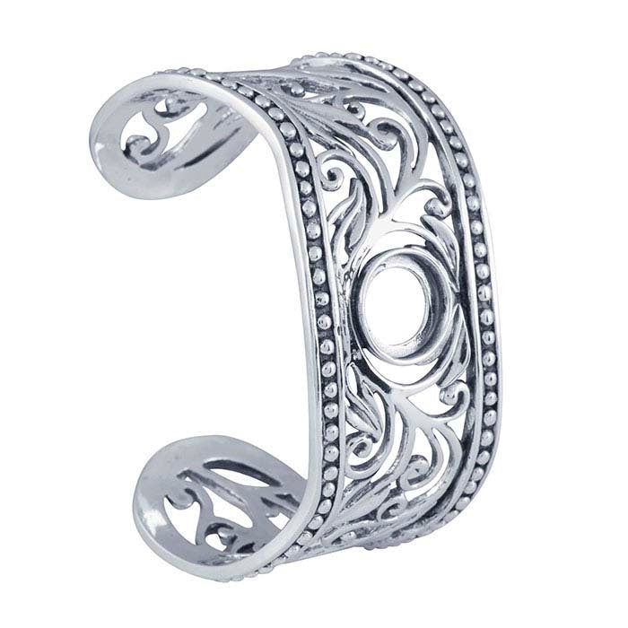 Sterling Silver 12mm Round Beaded Filigree Cuff Bracelet Mounting for DIY Jewelry Making - Cabochon Setting, Blank Jewelry Base - Perfect for Custom Handmade Rings, Necklaces & Bracelets (Wedding, Gift, Fashion Accessory)
