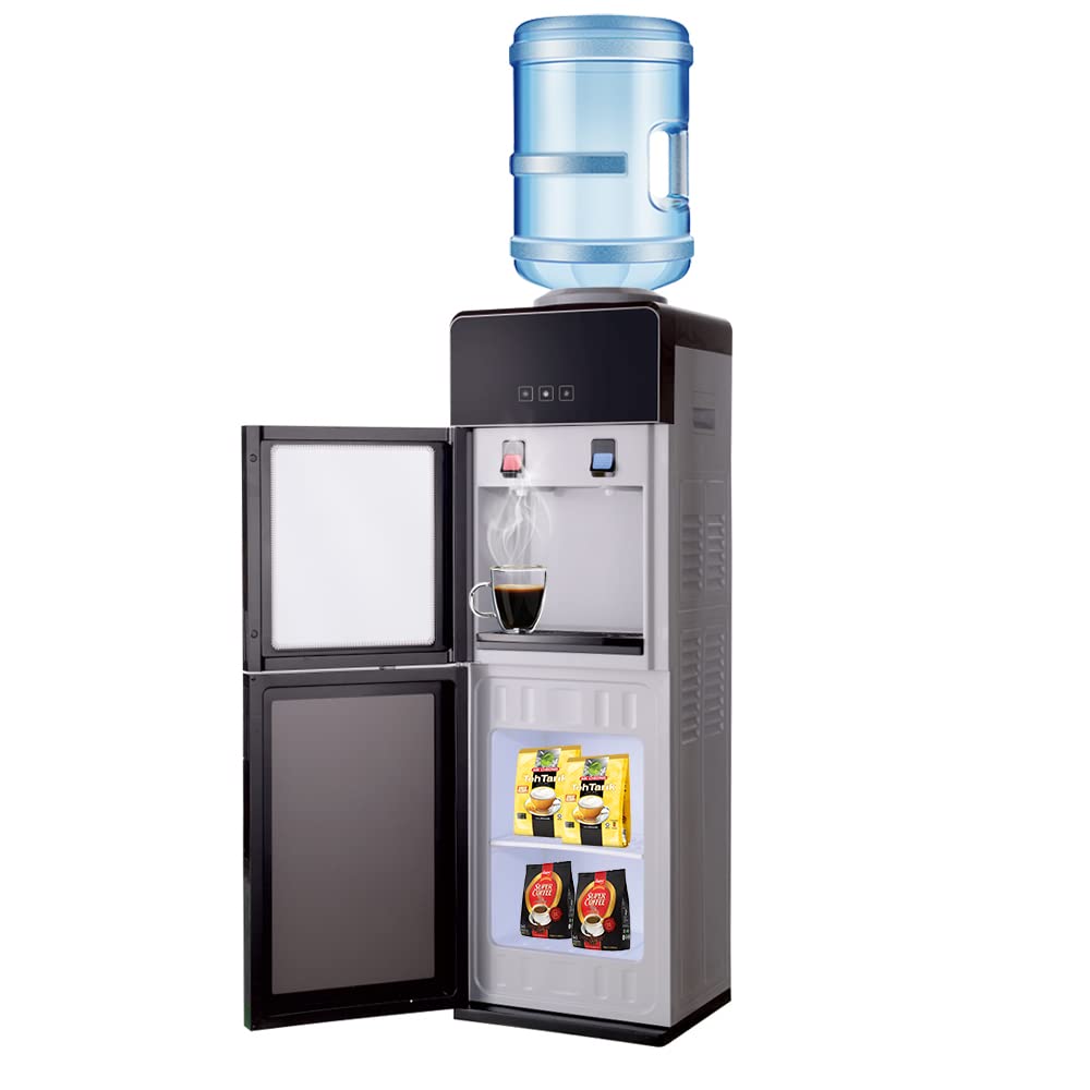 Premium 3-5 Gallon Top-Loading Hot & Cold Water Cooler Dispenser with Storage Cabinet & Glass Door - Energy Efficient Home & Office Water Dispenser for Kitchen, Break Room, Classroom (Grey)