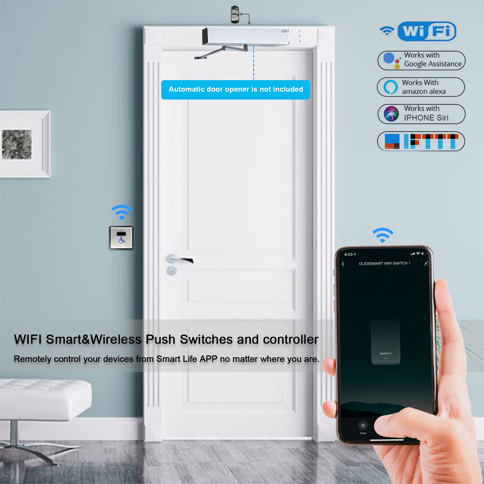 Olideauto Wireless Handicap Wave Sensor Switch - Automatic Door Opener with WiFi Function, 4.5'' Stainless Steel Square Panel (Model Olide-512N) - Ideal for ADA Compliant Restrooms, Hospitals & Public Facilities