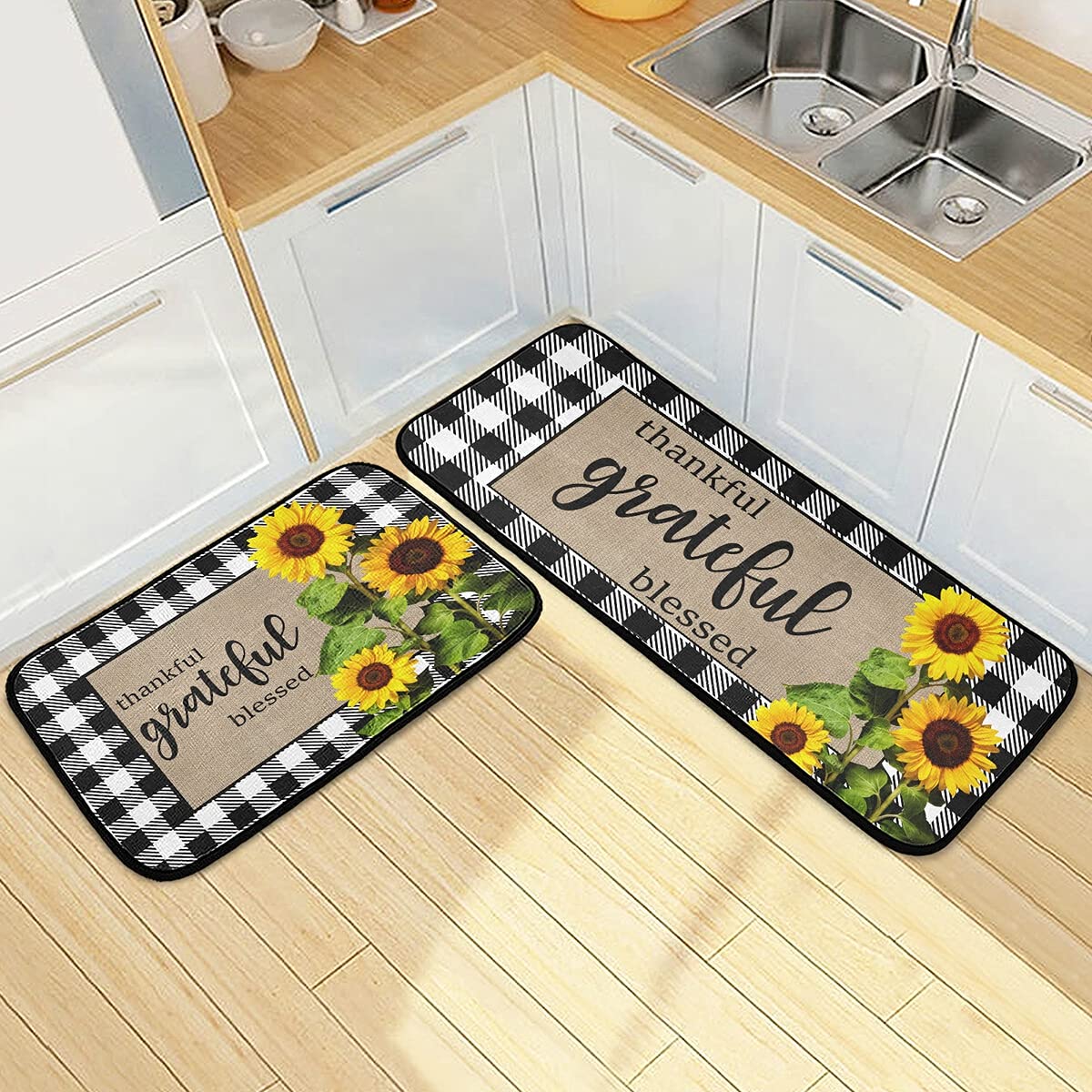 DOMIKING Non-Slip Sunflower Kitchen Rugs - 2 Pack Buffalo Plaid Foam Floor Mats for Farmhouse Decor, Anti-Fatigue Standing Mats for Cooking & Dishwashing Areas - Waterproof Kitchen Accessories for Sink & Counter Use