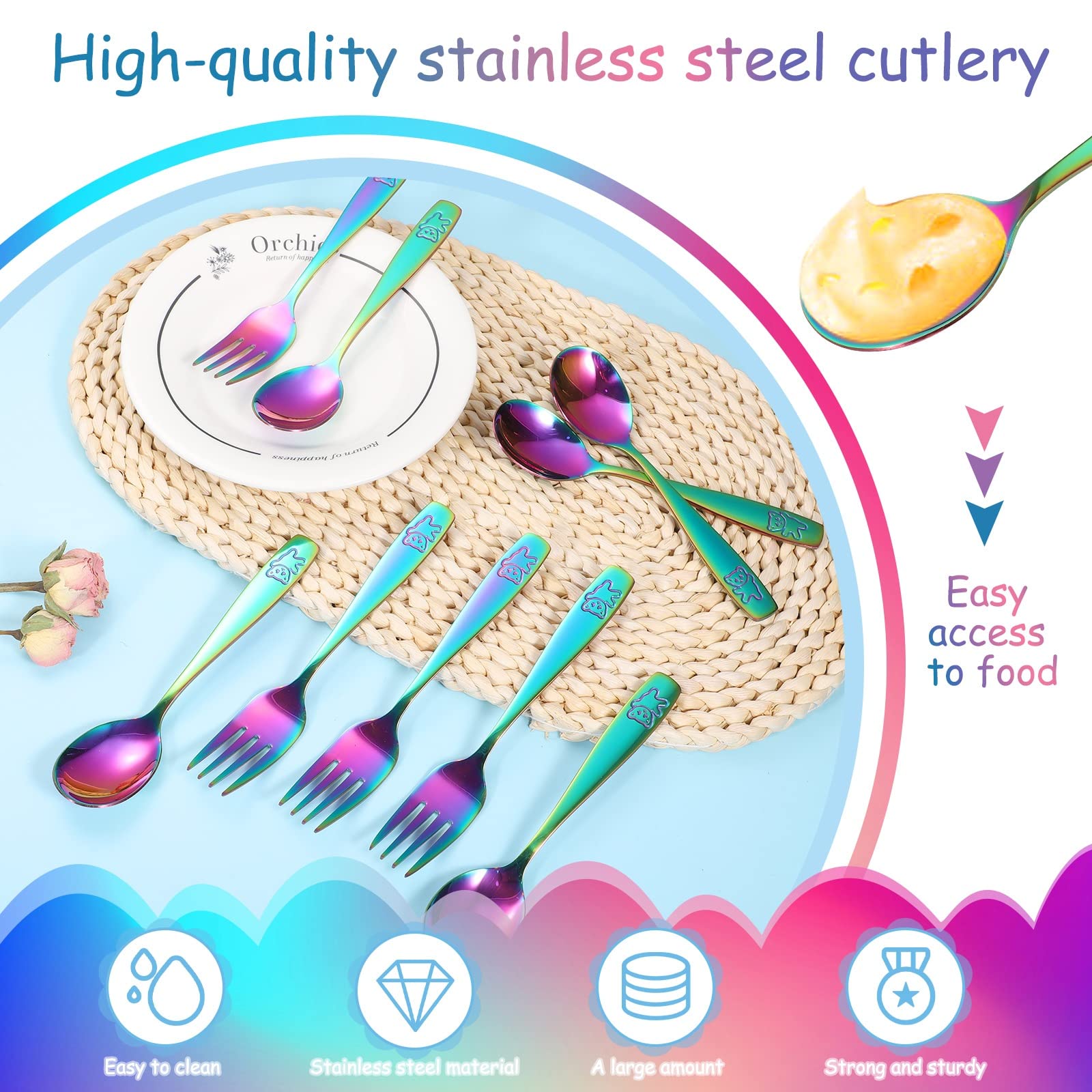 Pimoys 12-Piece Toddler Utensil Set - Stainless Steel Kids Silverware with Rainbow Handles | Safe Forks & Spoons for Children | Dishwasher Safe Cutlery | Perfect for Daycare, School Lunches & Family Meals